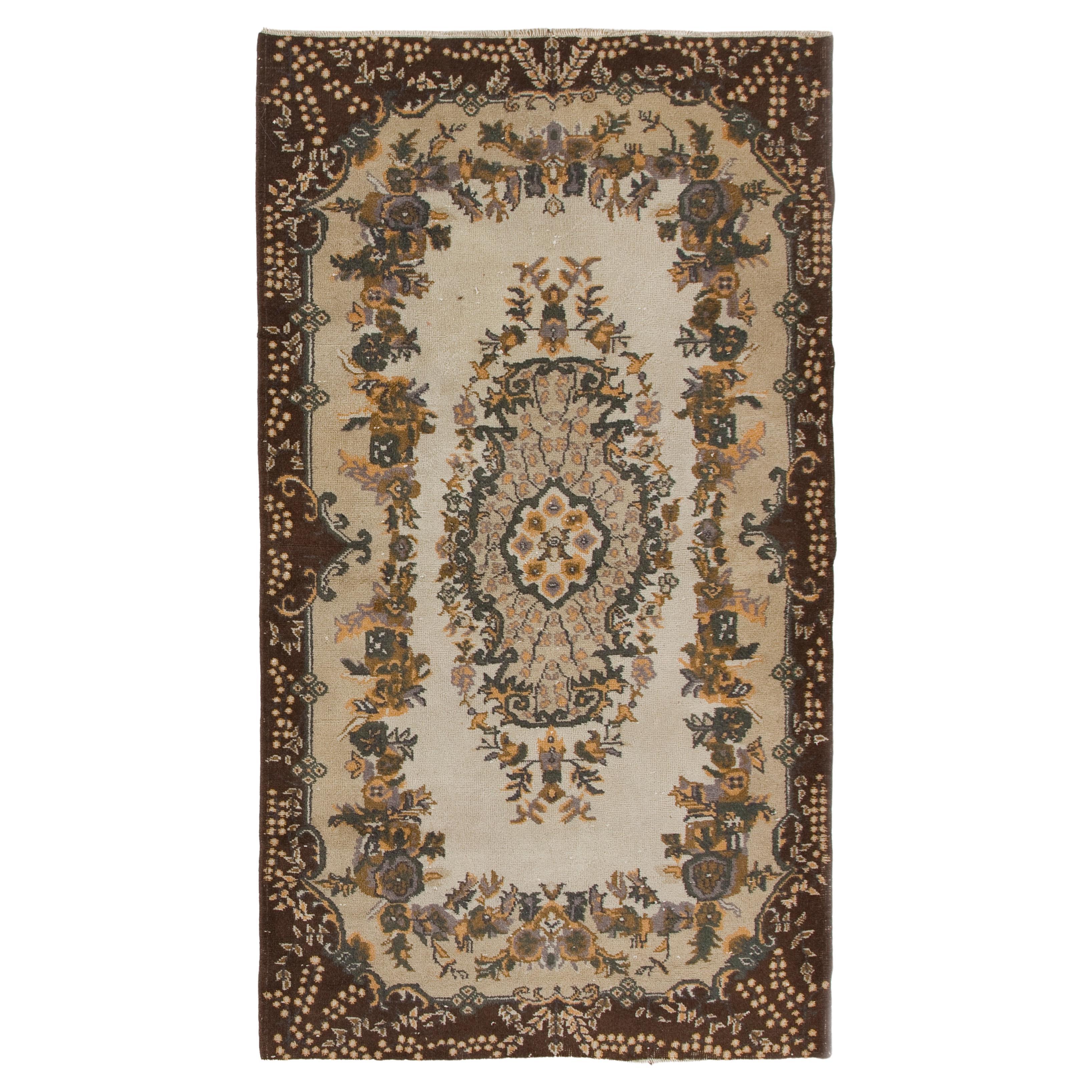 4x6.8 Ft Hand Knotted Vintage Accent Rug Beige, Brown, Mauve, Rust, Dark Green For Sale