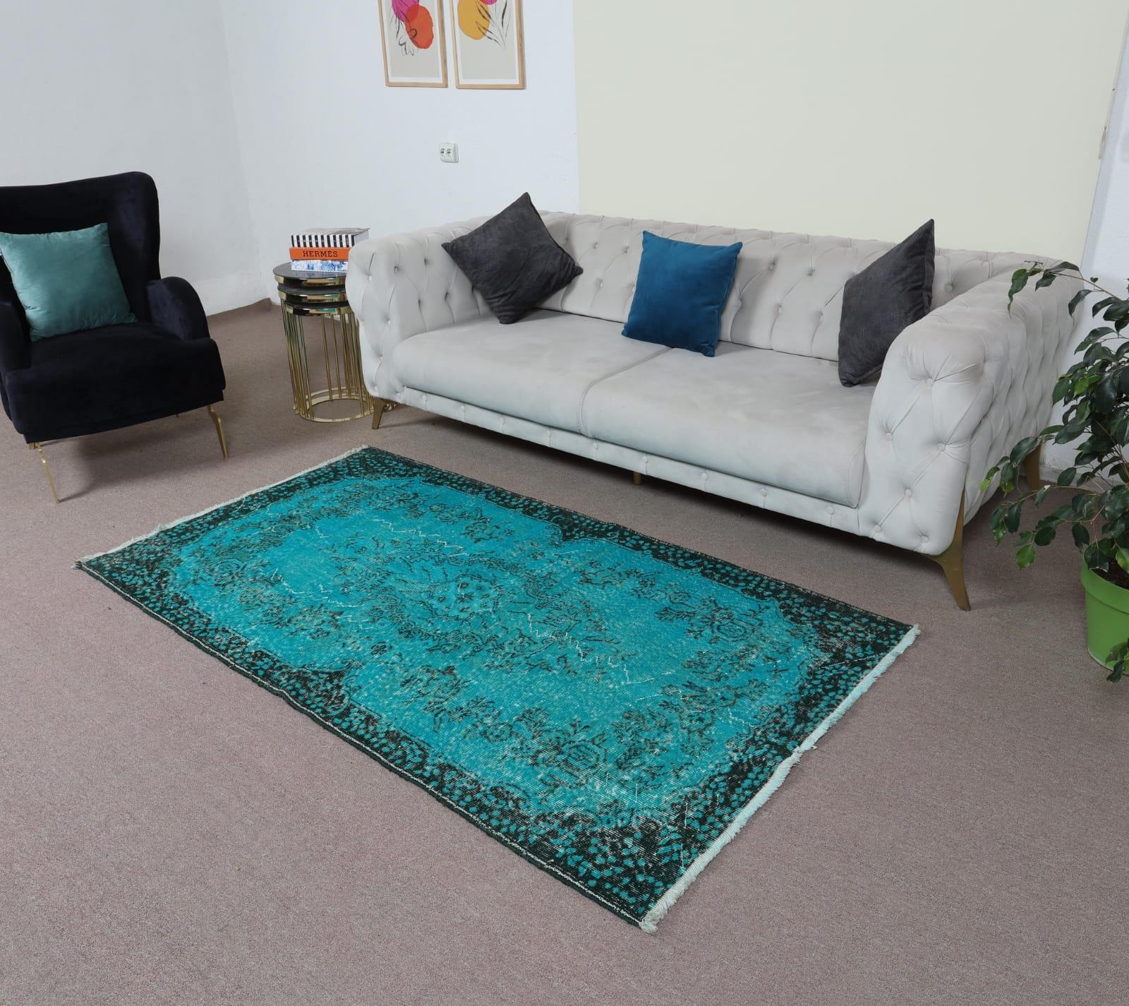 4x7 Ft Hand Knotted Vintage Turkish Accent Rug in Teal, Ideal 4 Modern Interiors For Sale 1