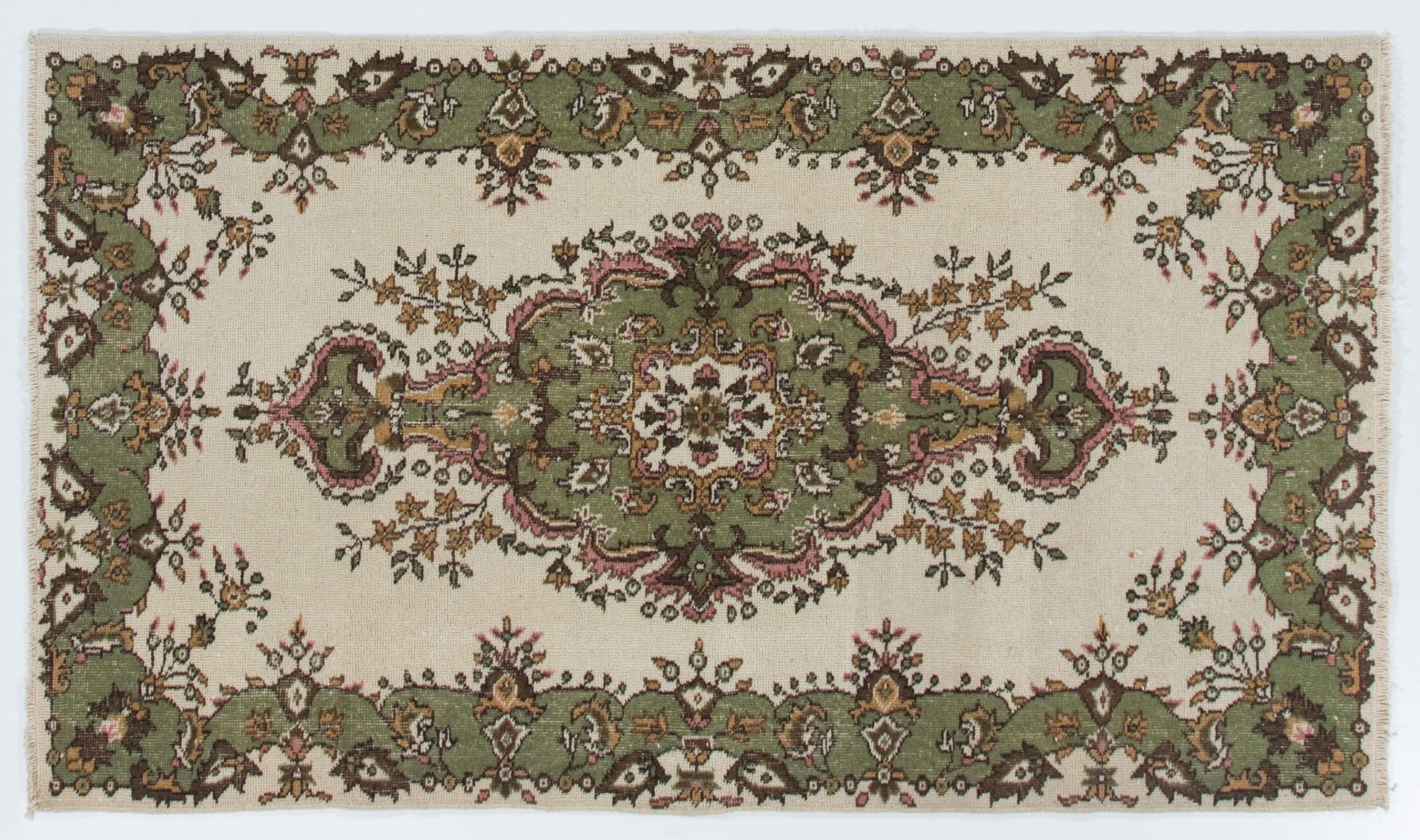 4x7 Ft Handmade Vintage Oushak Accent Rug in Beige, Green, Pink & Orange Colors In Good Condition For Sale In Philadelphia, PA