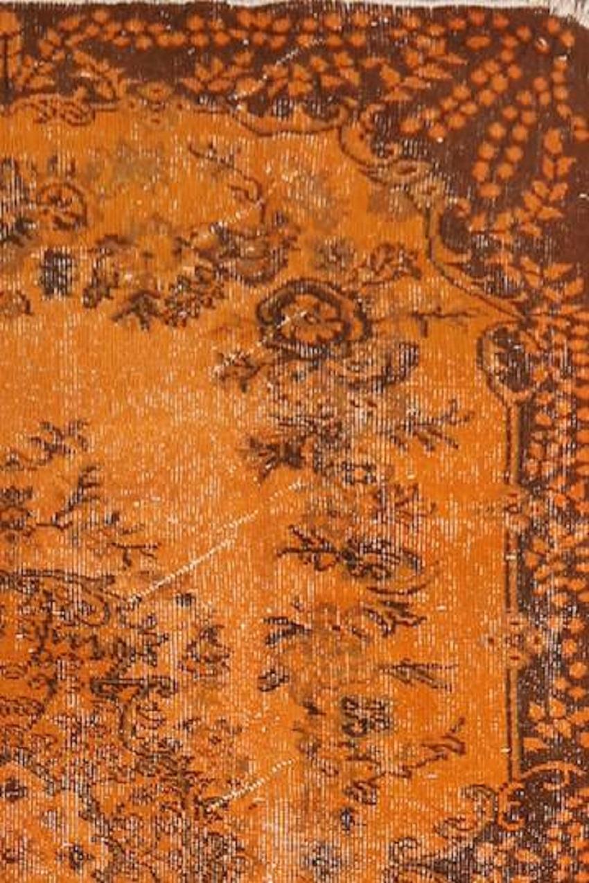 Modern 4x7 Ft Handmade Vintage Turkish Rug with Garden Design Over-Dyed in Orange Color