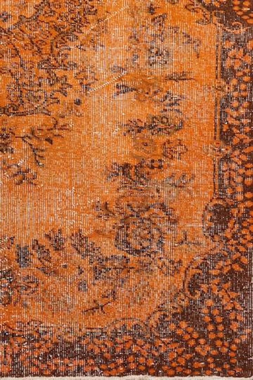 Mid-20th Century 4x7 Ft Handmade Vintage Turkish Rug with Garden Design Over-Dyed in Orange Color