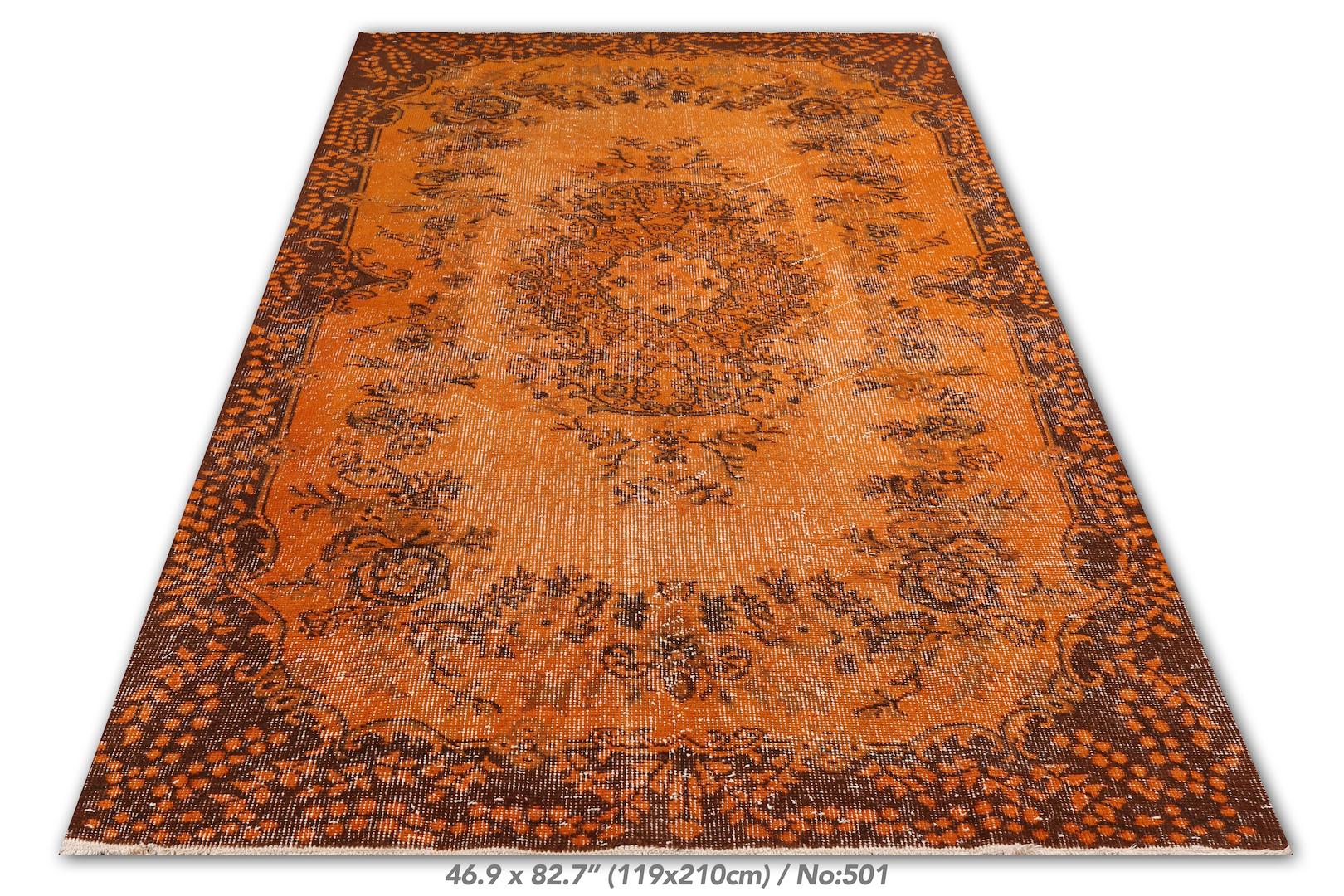 Wool 4x7 Ft Handmade Vintage Turkish Rug with Garden Design Over-Dyed in Orange Color