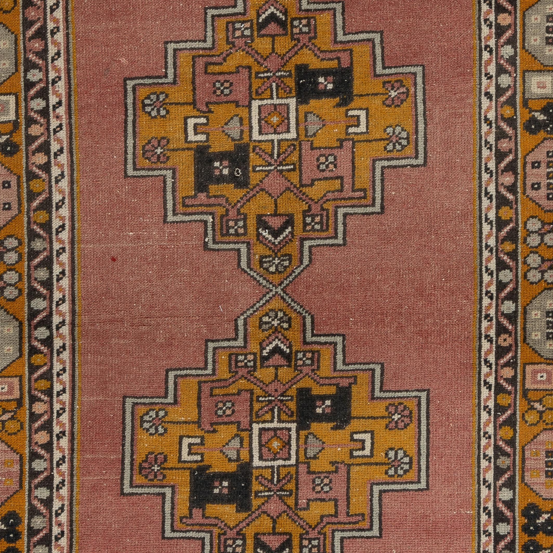 Tribal 4x7 Ft Mid Century Handmade Turkish Village Wool Rug in Faded Coral and Gold For Sale