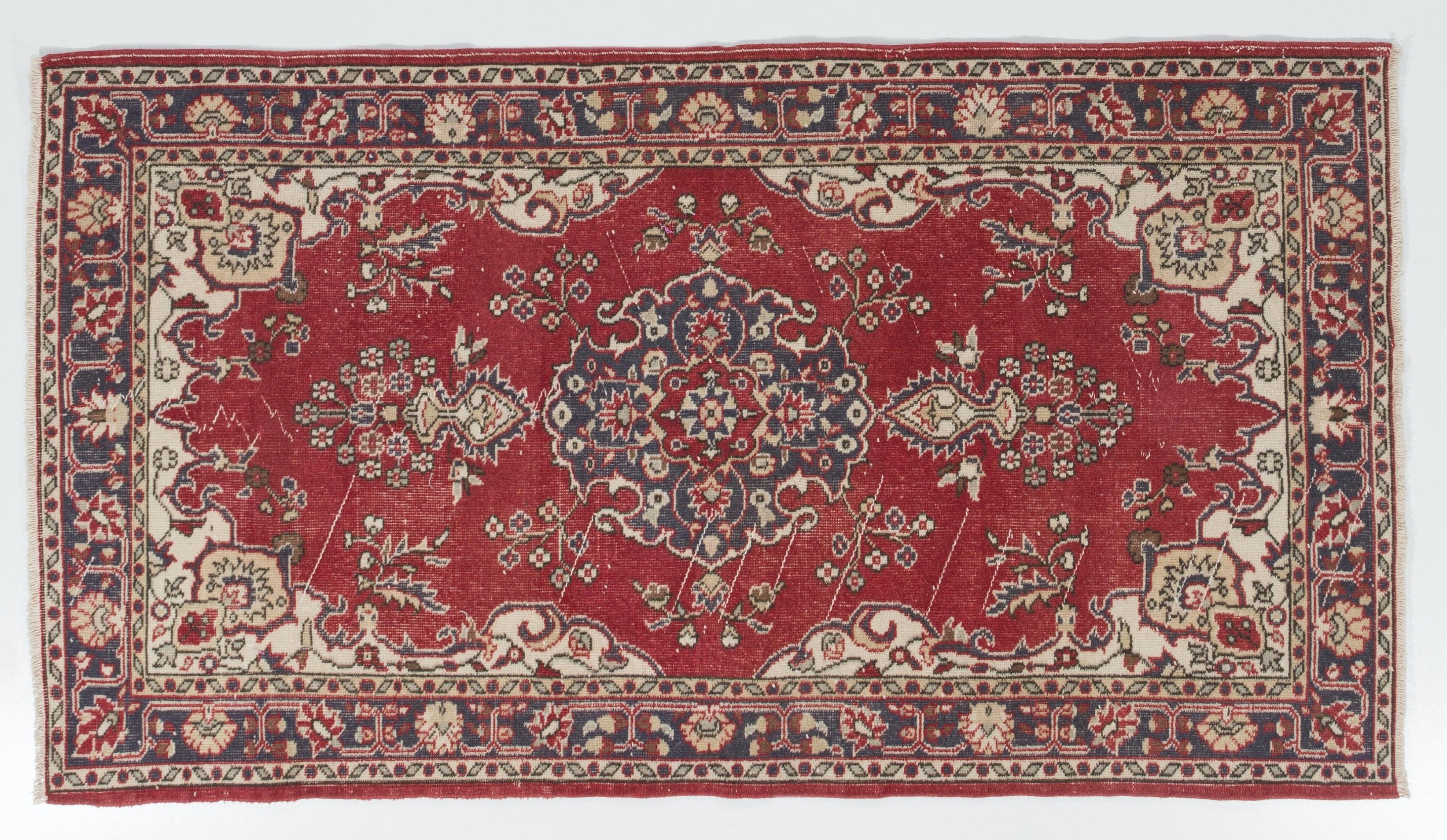 4x7 Ft One-of-a-Kind Vintage Hand-Knotted Anatolian Wool Rug in Red and Ivory In Good Condition For Sale In Philadelphia, PA