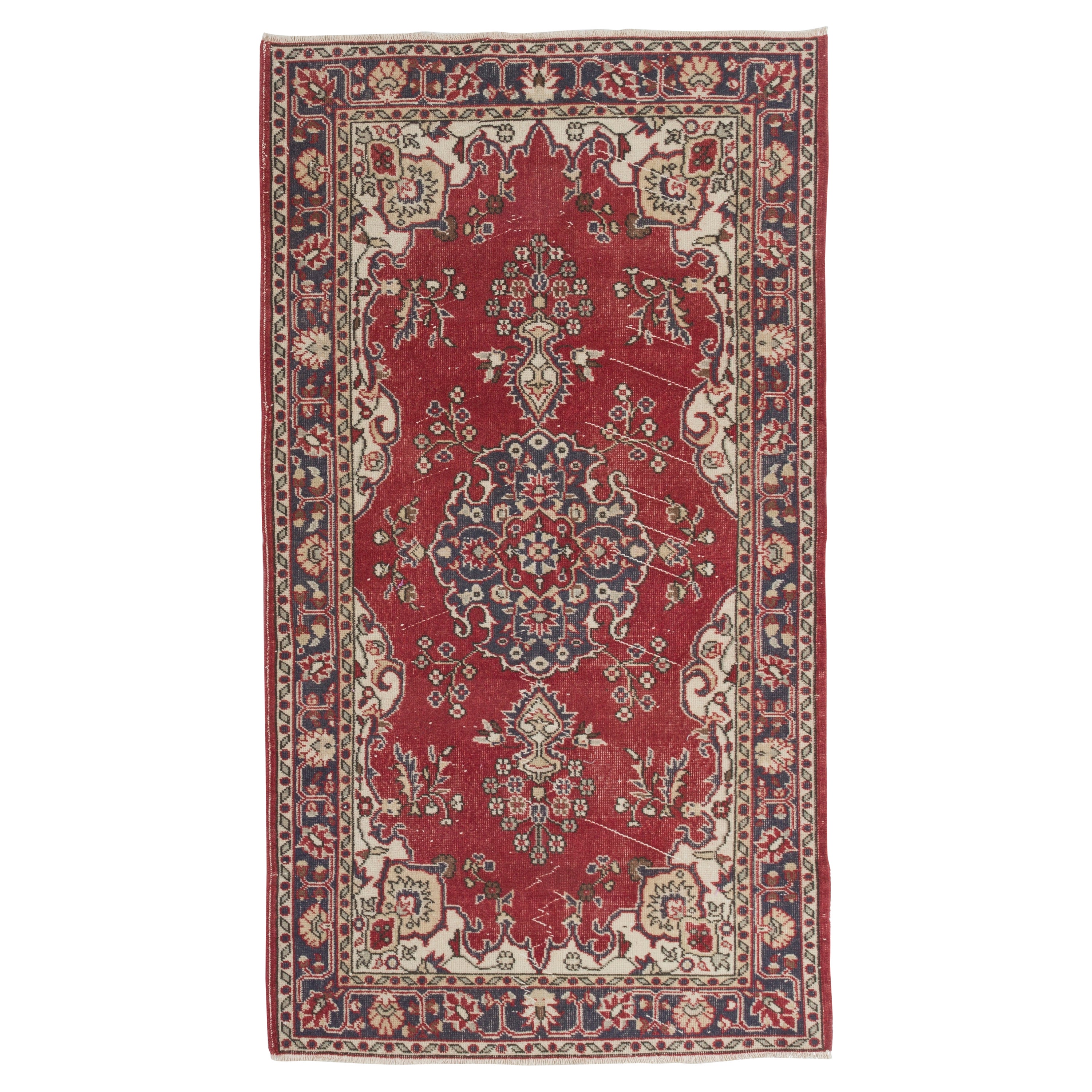 4x7 Ft Unikat Vintage Handgeknüpfter Anatolischer Wollteppich in Rot und Elfenbein im Angebot