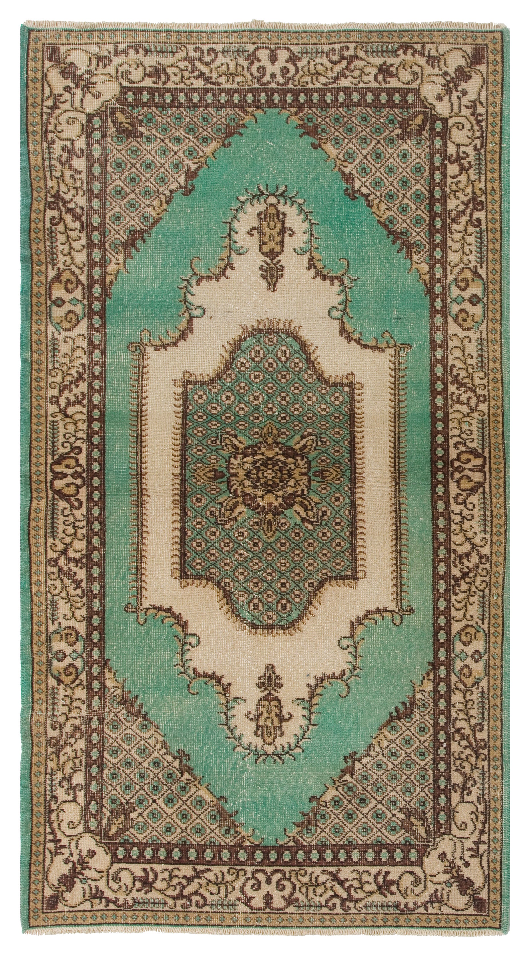 4x7 ft One of a kind Vintage Hand-knotted Green Turkish Wool Accent Rug, Ca 1970