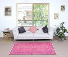 4x7 Ft Overdyed Pink Wool Rug. Handmade Turkish Vintage Area Rug for Living Room