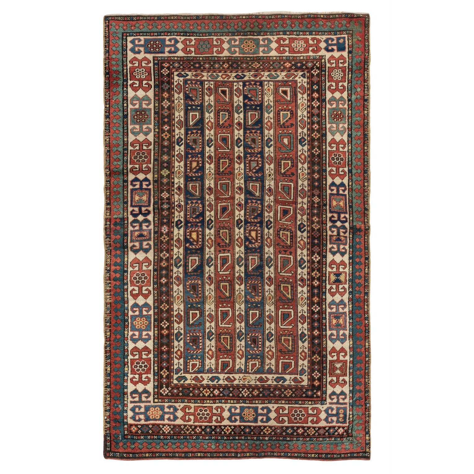 4x7 Ft Rare Antique Karabagh Kazak Rug With Diagonal Stripes and Botehs, Ca 1860 For Sale