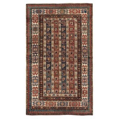 4x7 Ft Rare Antique Karabagh Kazak Rug With Diagonal Stripes and Botehs, Ca 1860