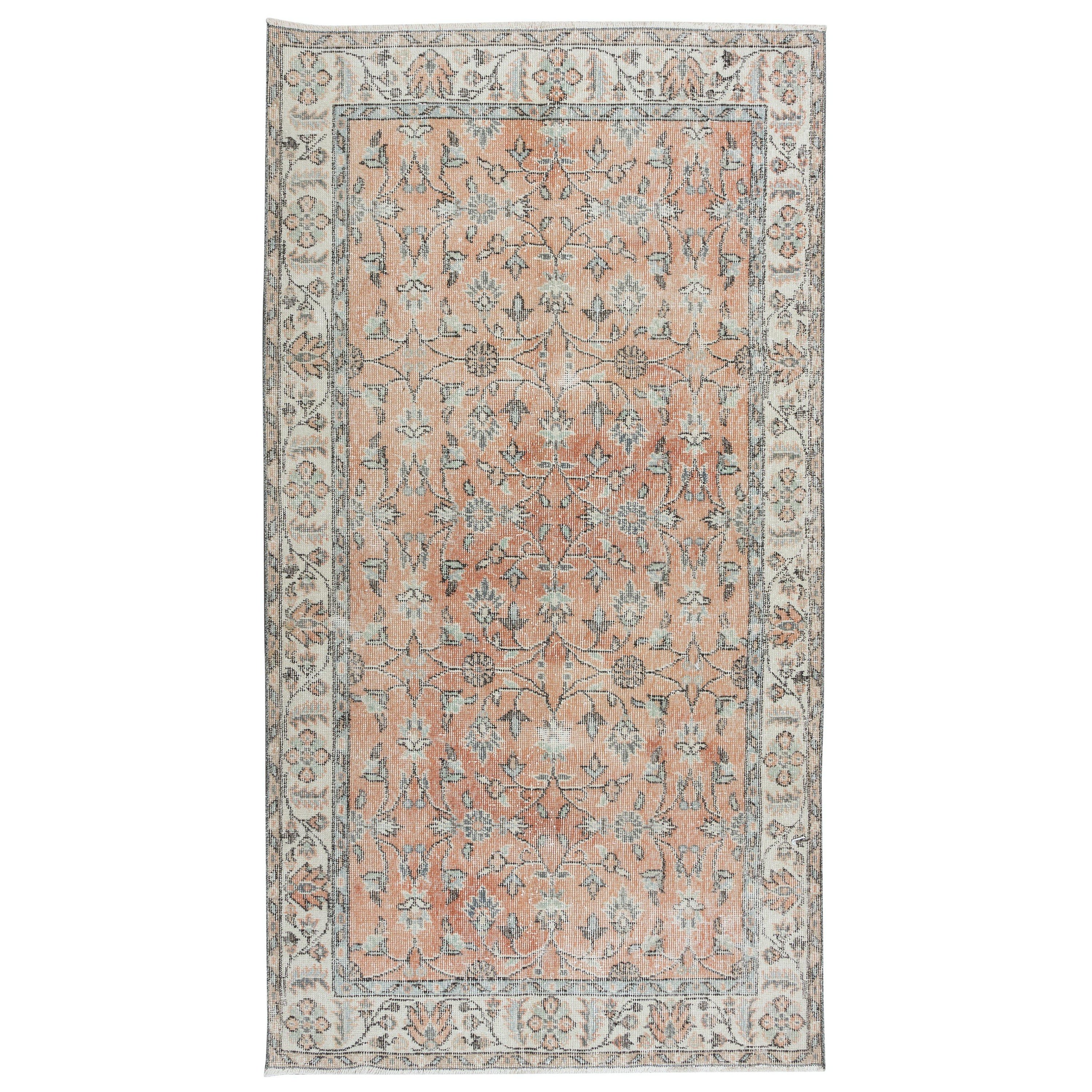 4x7 Ft Romantic Vintage Handgefertigter Vintage-Teppich in weichem Rot & Beige mit botanischem Design