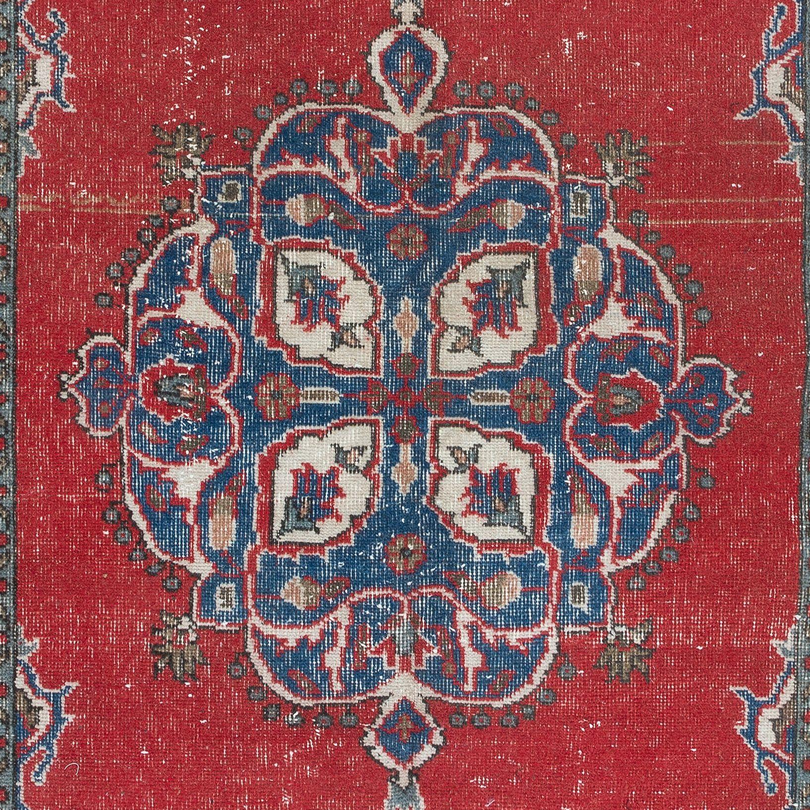 Turkish 4x7 Ft Traditional Vintage Handmade Oriental Rug in Red, Navy Blue & Beige For Sale
