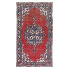 4x7 Ft Traditional Vintage Handmade Oriental Rug in Red, Navy Blue & Beige