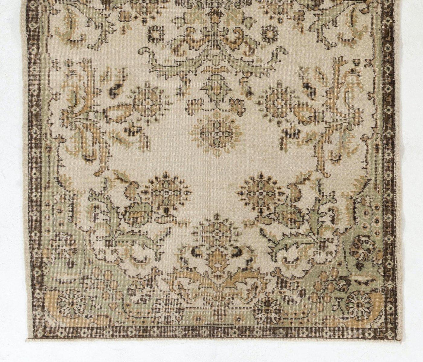 Oushak 4x7 Ft Vintage Rug depicting French Floral Garden Design.  Beige Handmade Carpet For Sale
