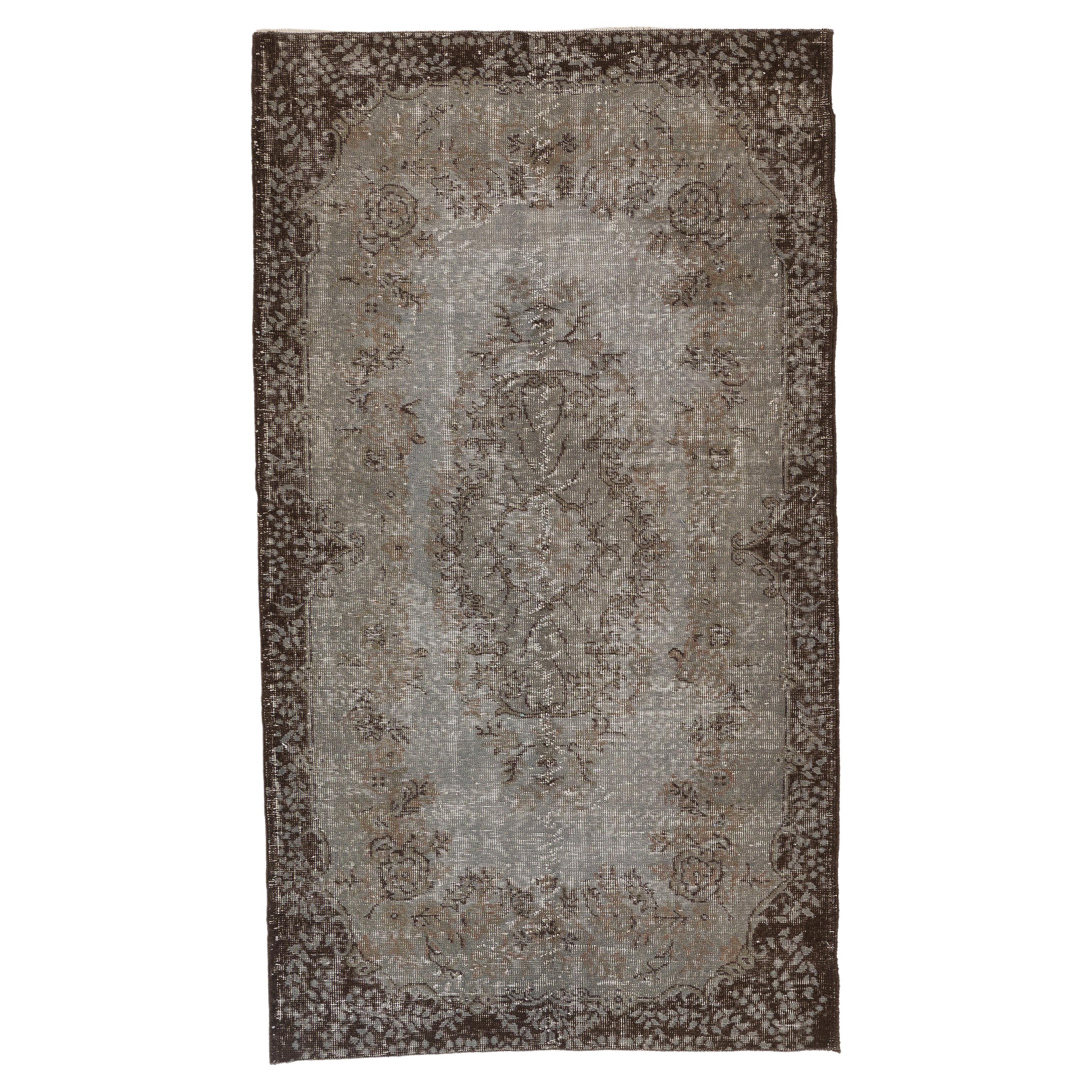 4x7 Ft Vintage Baroque Design Handmade Rug Over-Dyed in Gray Color For Sale