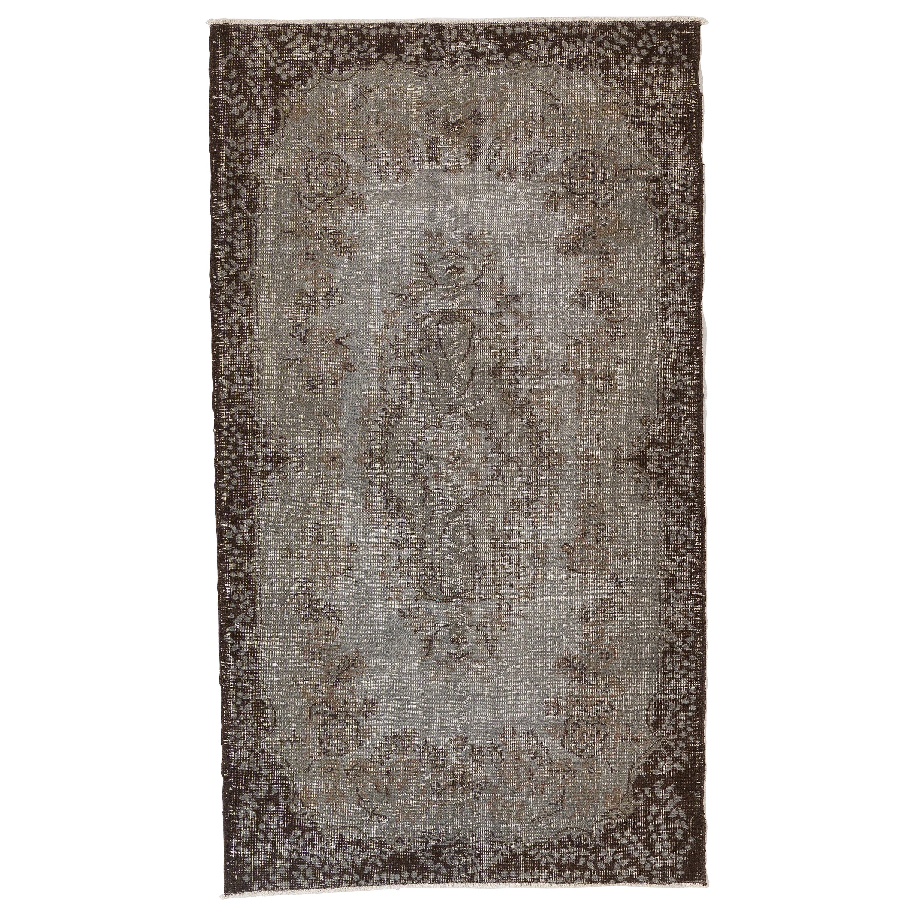 Tappeto barocco d'epoca con design turco fatto a mano e sovratinto in grigio 4x7 Ft