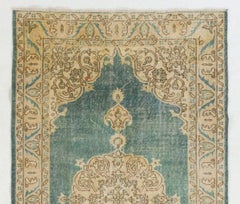 4x7 Ft Vintage Hand-Knotted Turkish Oushak Wool Rug in Teal, Beige, light Brown