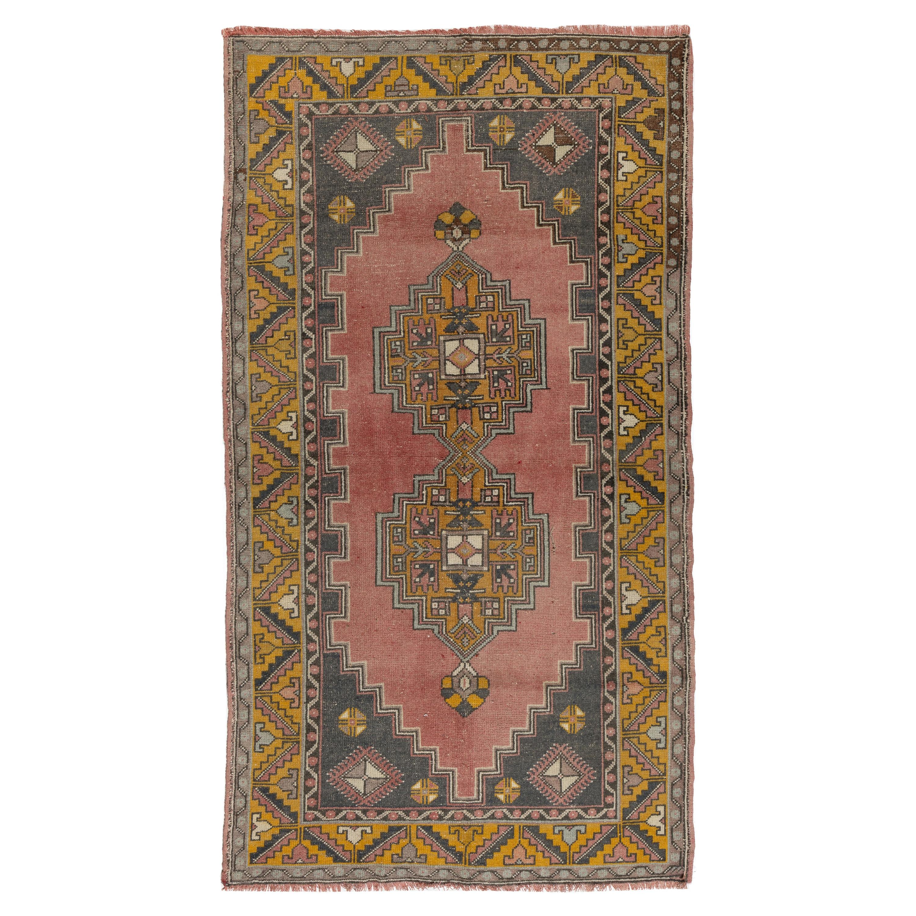 4x7 Ft Vintage Handmade Turkish Village Wool Accent Rug with Medallion Design For Sale