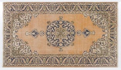 4x7 ft Vintage Handmade Oushak Wool Rug with Medallion Design in Peace and Blue