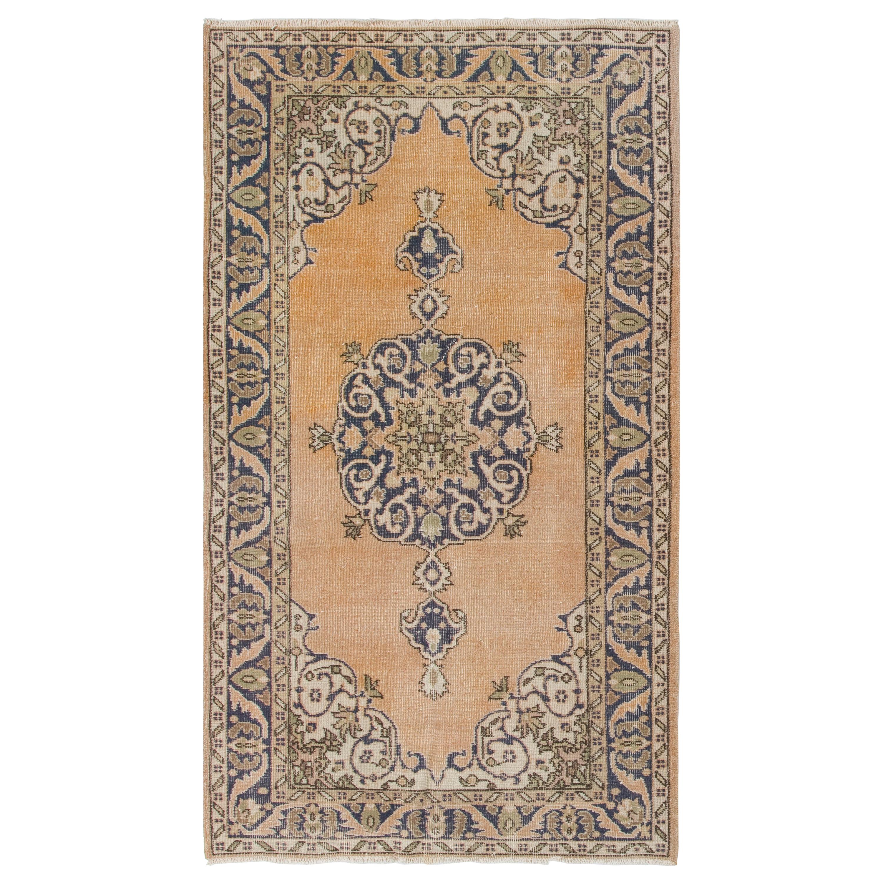 4x7 ft Vintage Handmade Oushak Wool Rug with Medallion Design in Peace and Blue For Sale