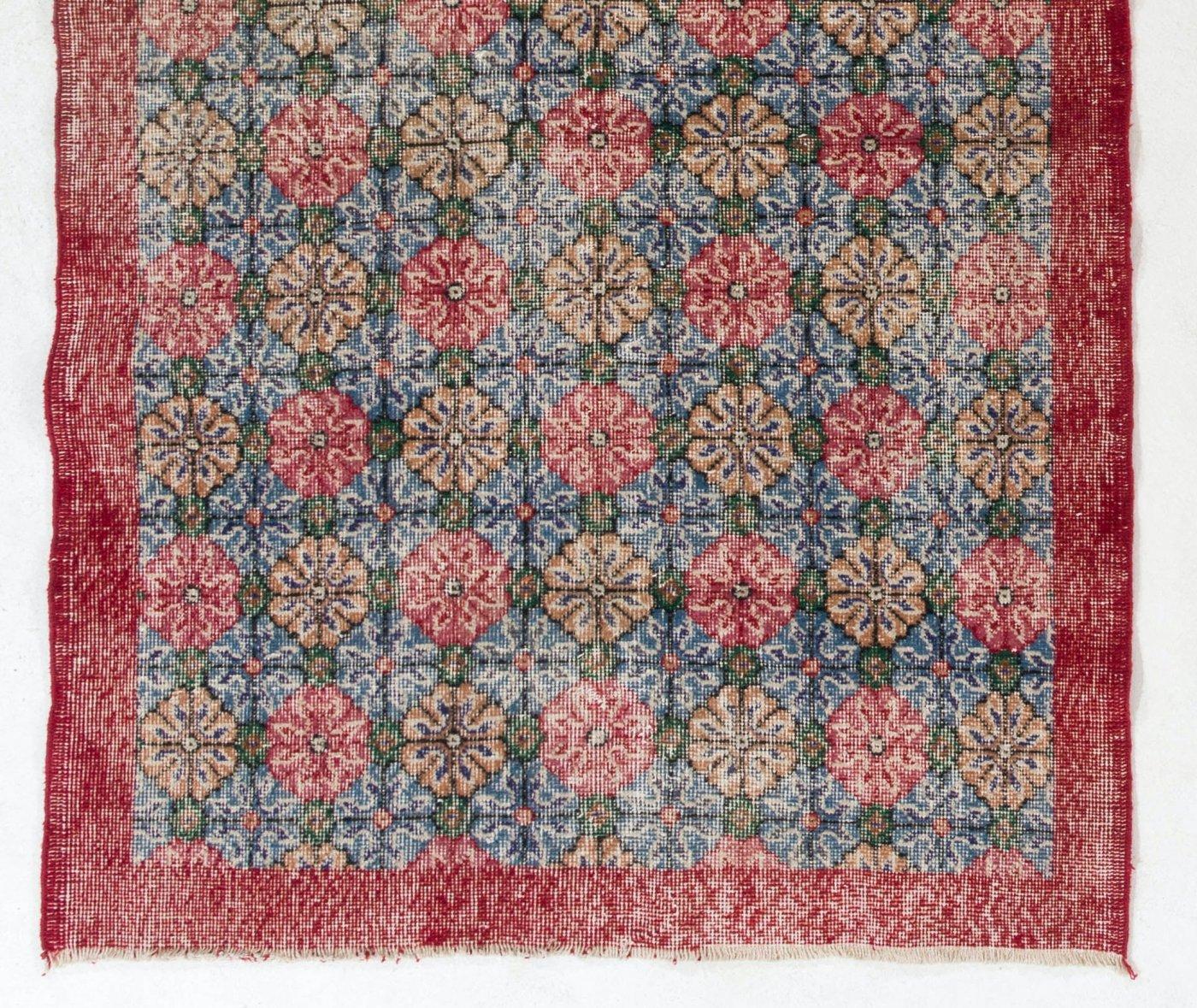 Oushak Vintage Handmade Turkish Accent Rug with All-Over Floral Design. 4 x 7 ft