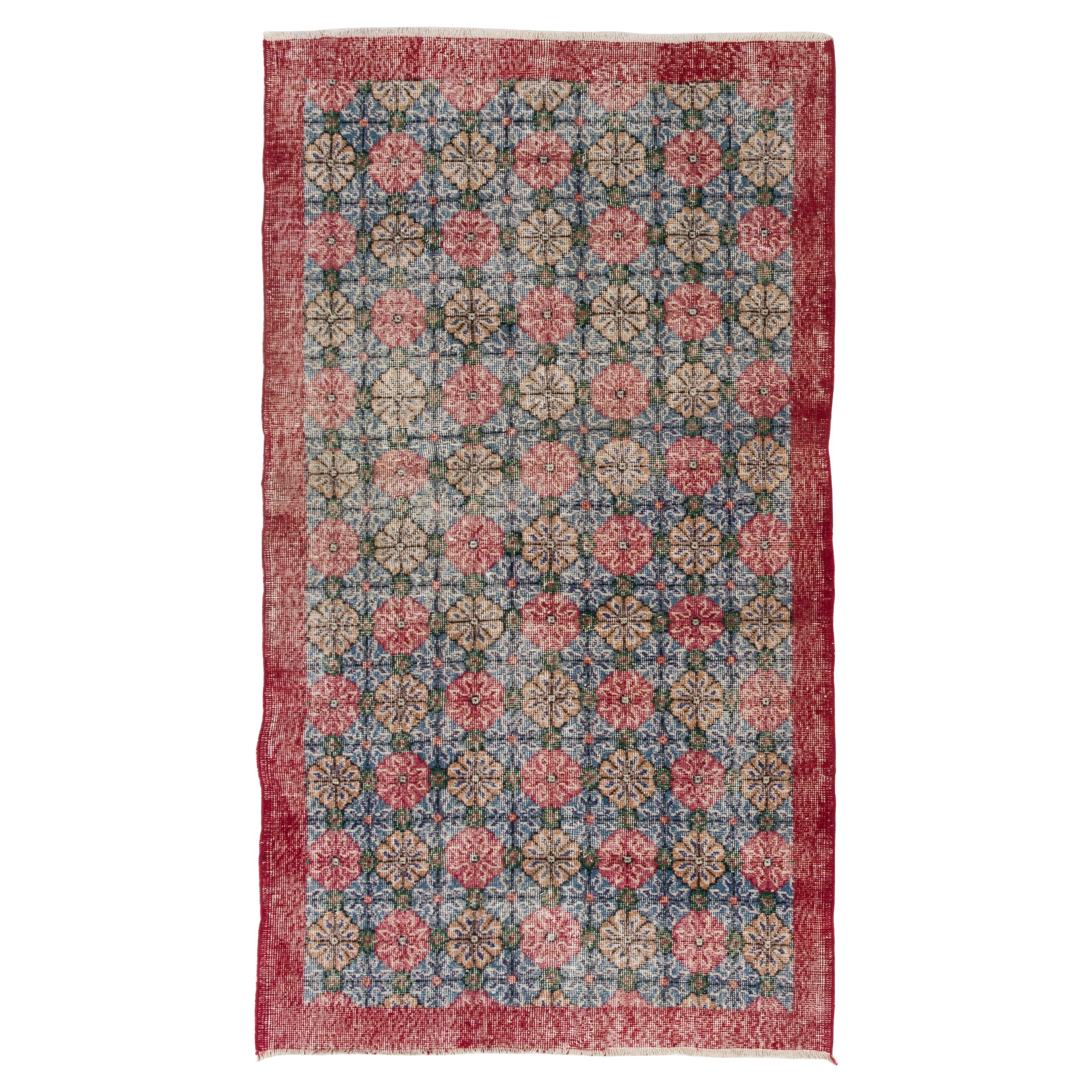 Vintage Handmade Turkish Accent Rug with All-Over Floral Design. 4 x 7 ft