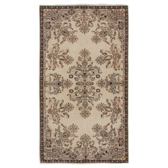4x7 Ft Vintage Handmade Wool Rug in Beige, Brown, Faded Mauve and Touch of Pink