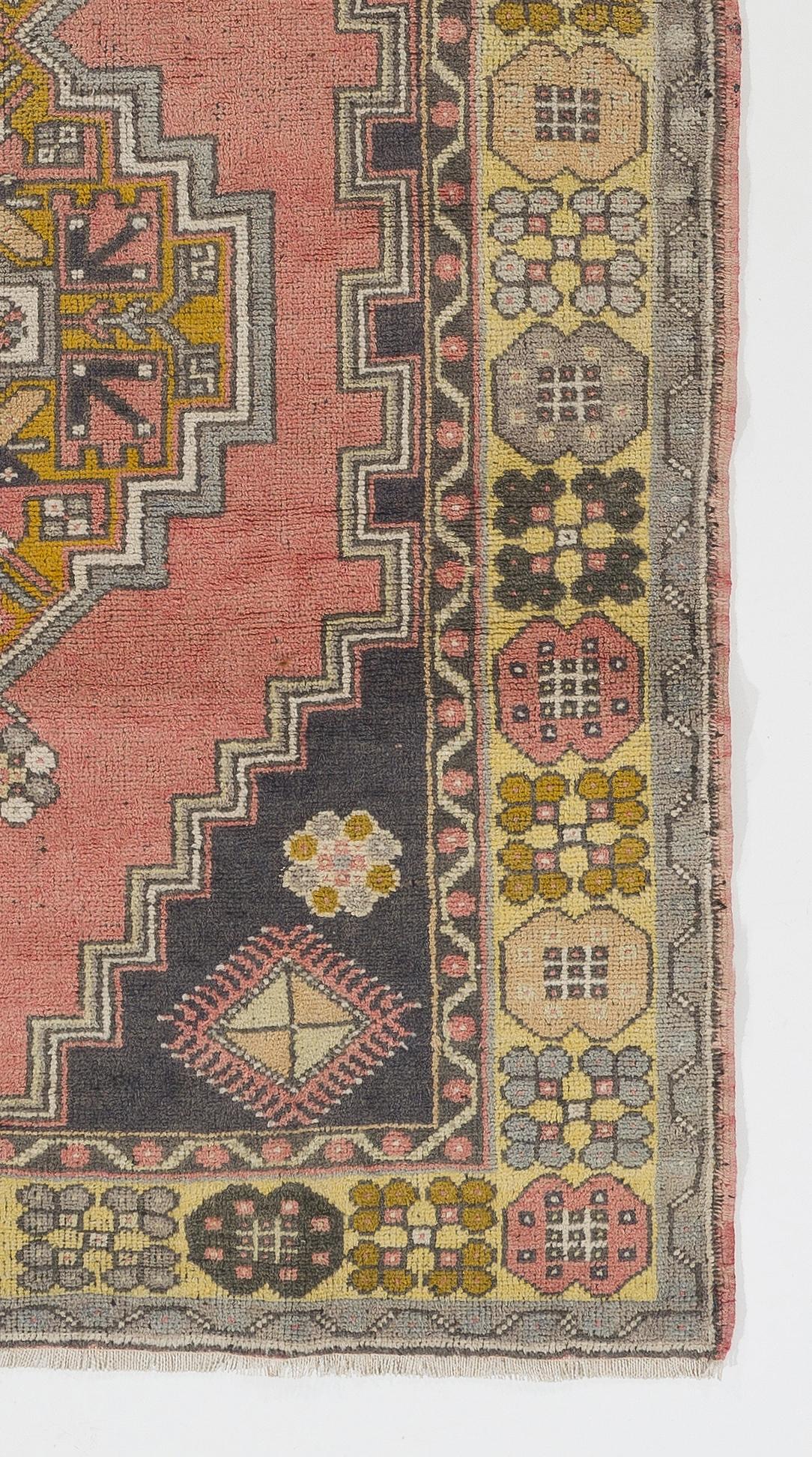 4x7 Ft Vintage Handmade Turkish Accent Rug with Geometric Design in Muted Colors In Good Condition For Sale In Philadelphia, PA