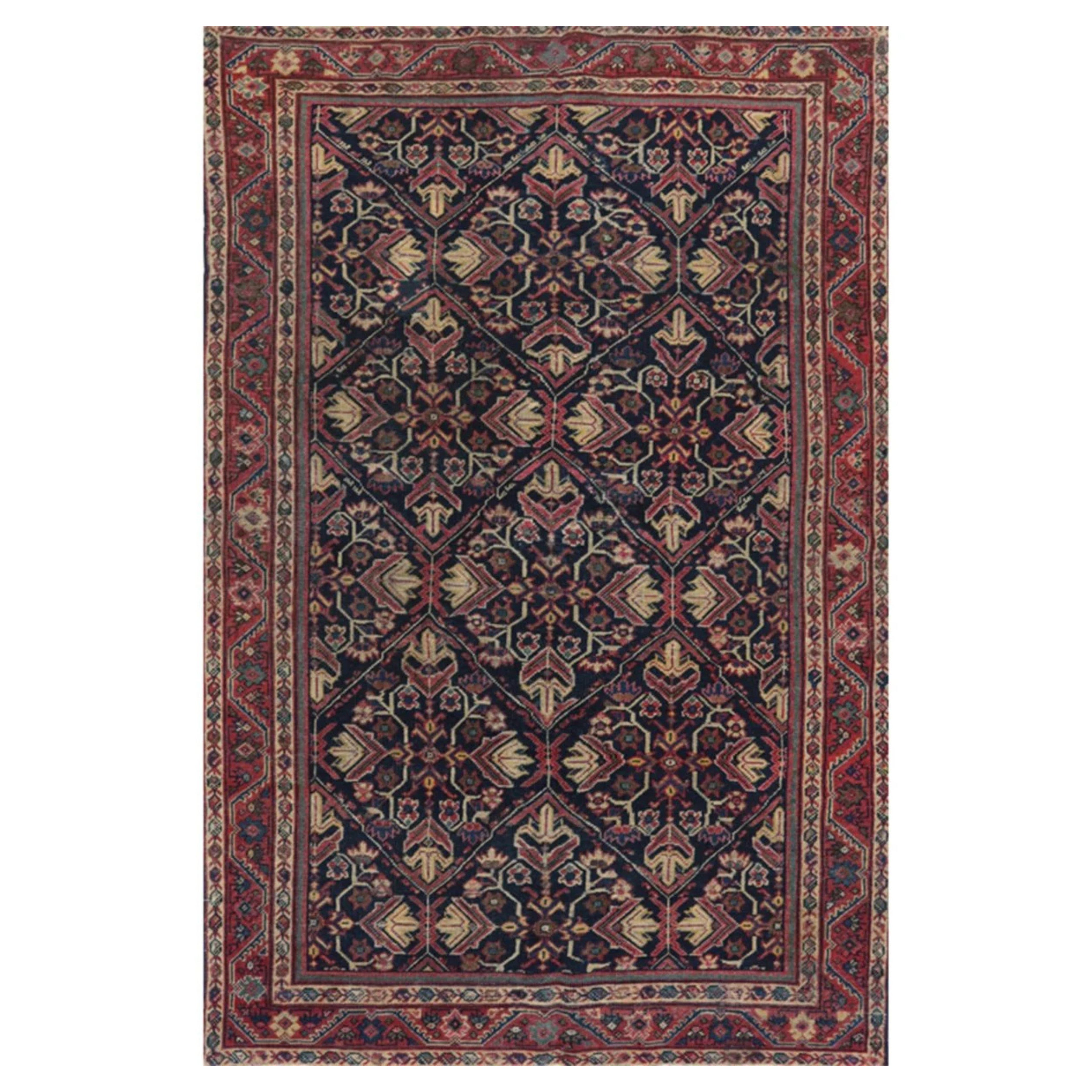 4x7 Hand Knotted Antique Mahal Rug, Wool Carpet Geometric Design