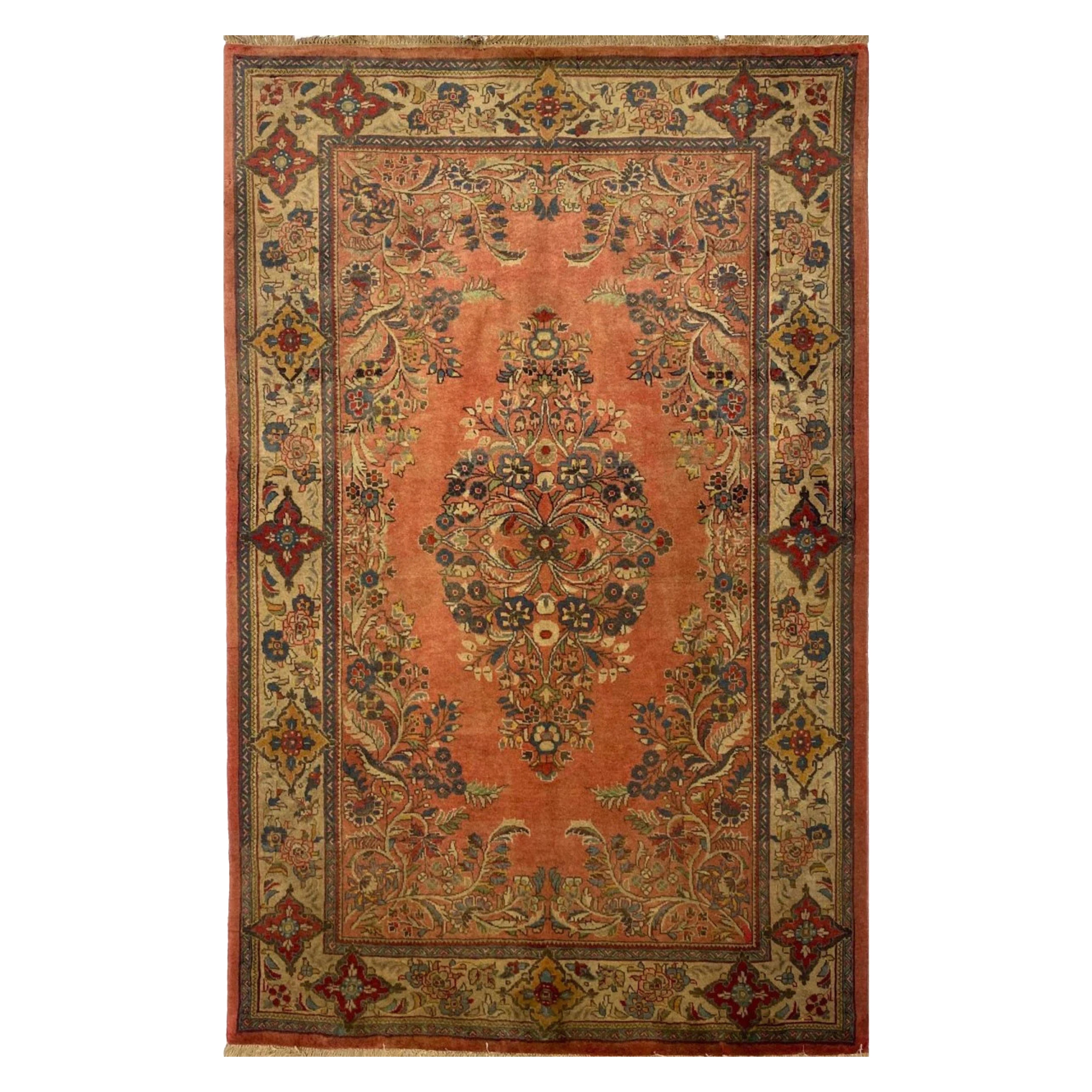 4x7 Old Hand Knotted Sarough Area Rug Handwoven Wool Style