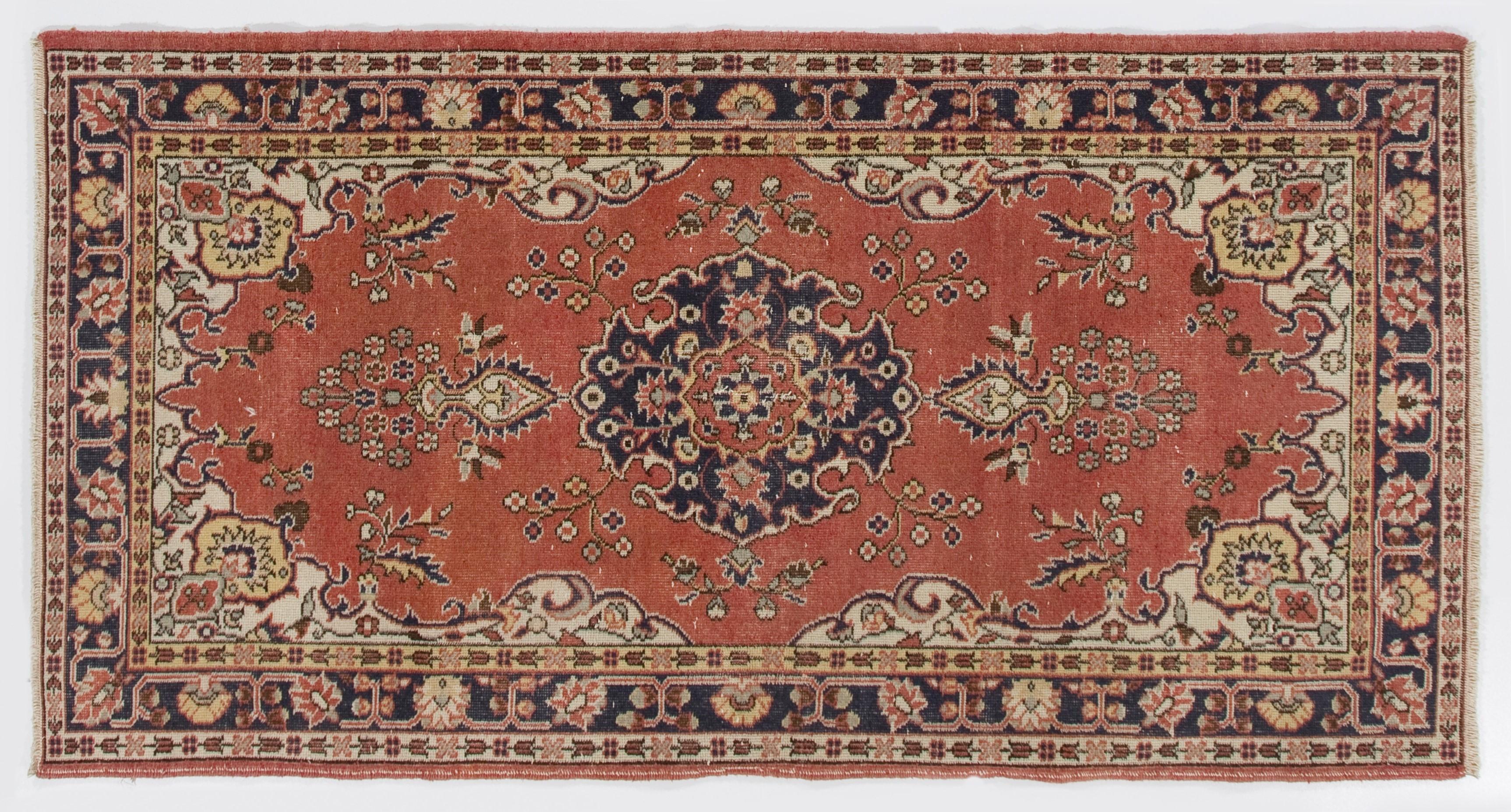 Wool 4x7.3 Ft One-of-a-Kind Vintage Floral Hand-Knotted Turkish Rug in Red & Ivory For Sale