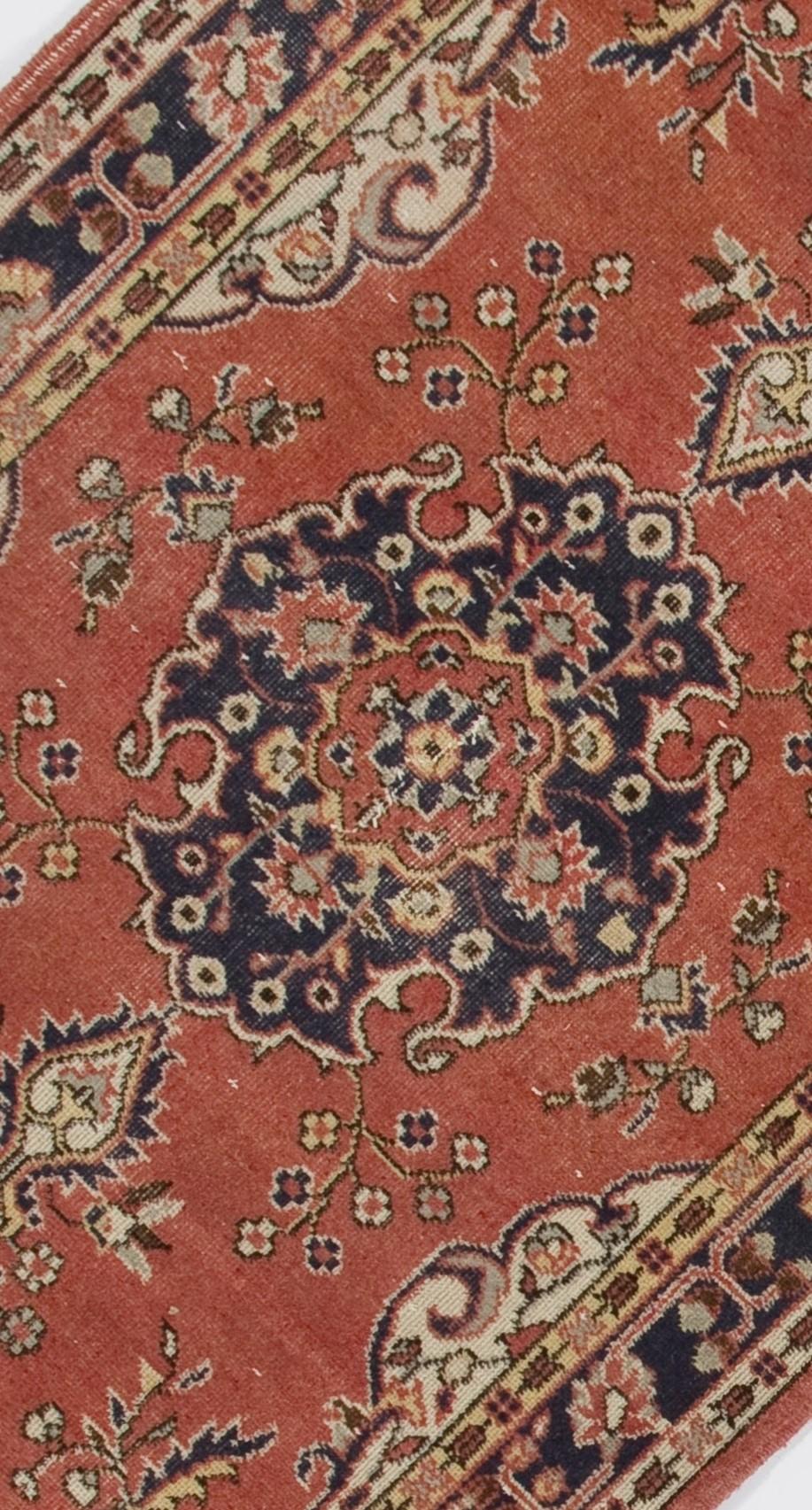 Mid-20th Century 4x7.3 Ft One-of-a-Kind Vintage Floral Hand-Knotted Turkish Rug in Red & Ivory For Sale