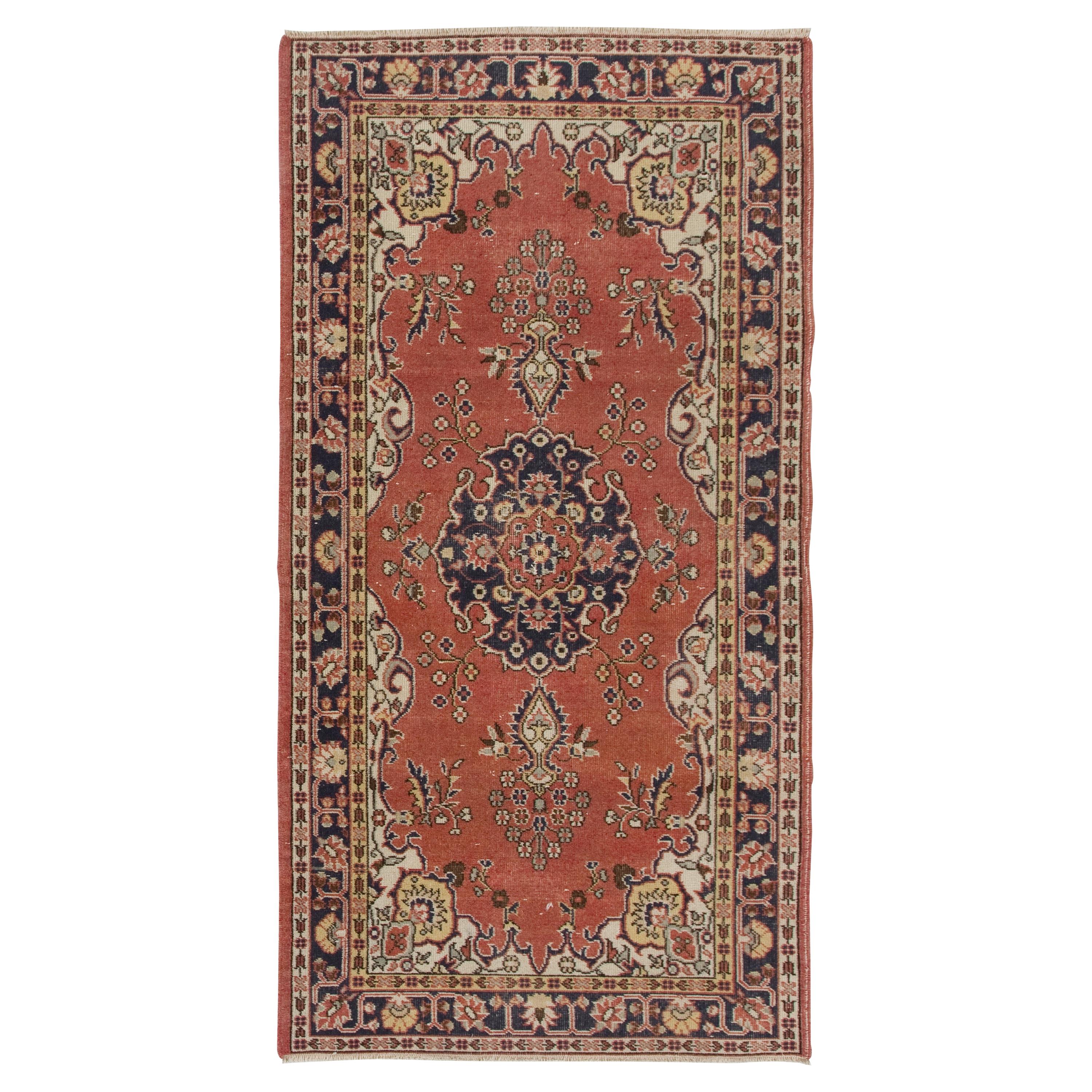 4x7.3 Ft One-of-a-Kind Vintage Floral Hand-Knotted Turkish Rug in Red & Ivory For Sale