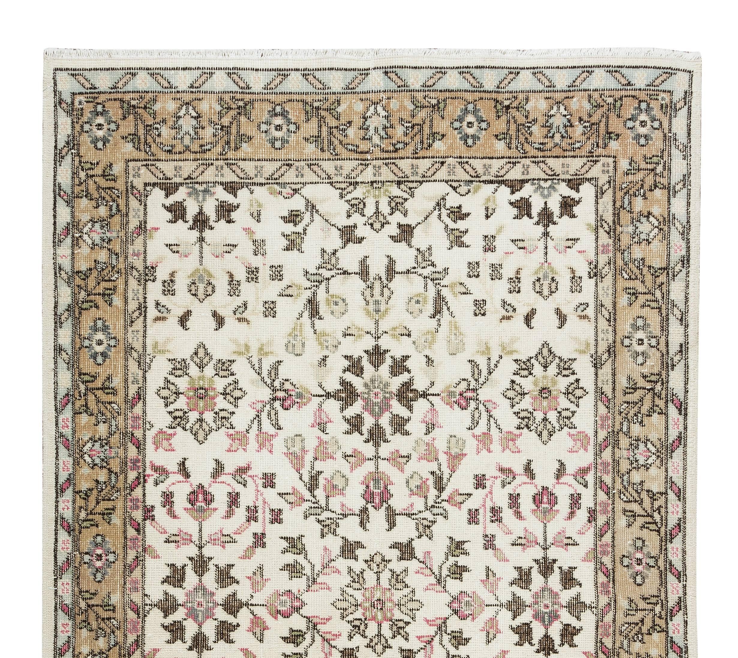 Hand-Knotted 4x7.2 Ft Vintage Floral Turkish Accent Rug, Authentic Hand Knotted Wool Carpet For Sale