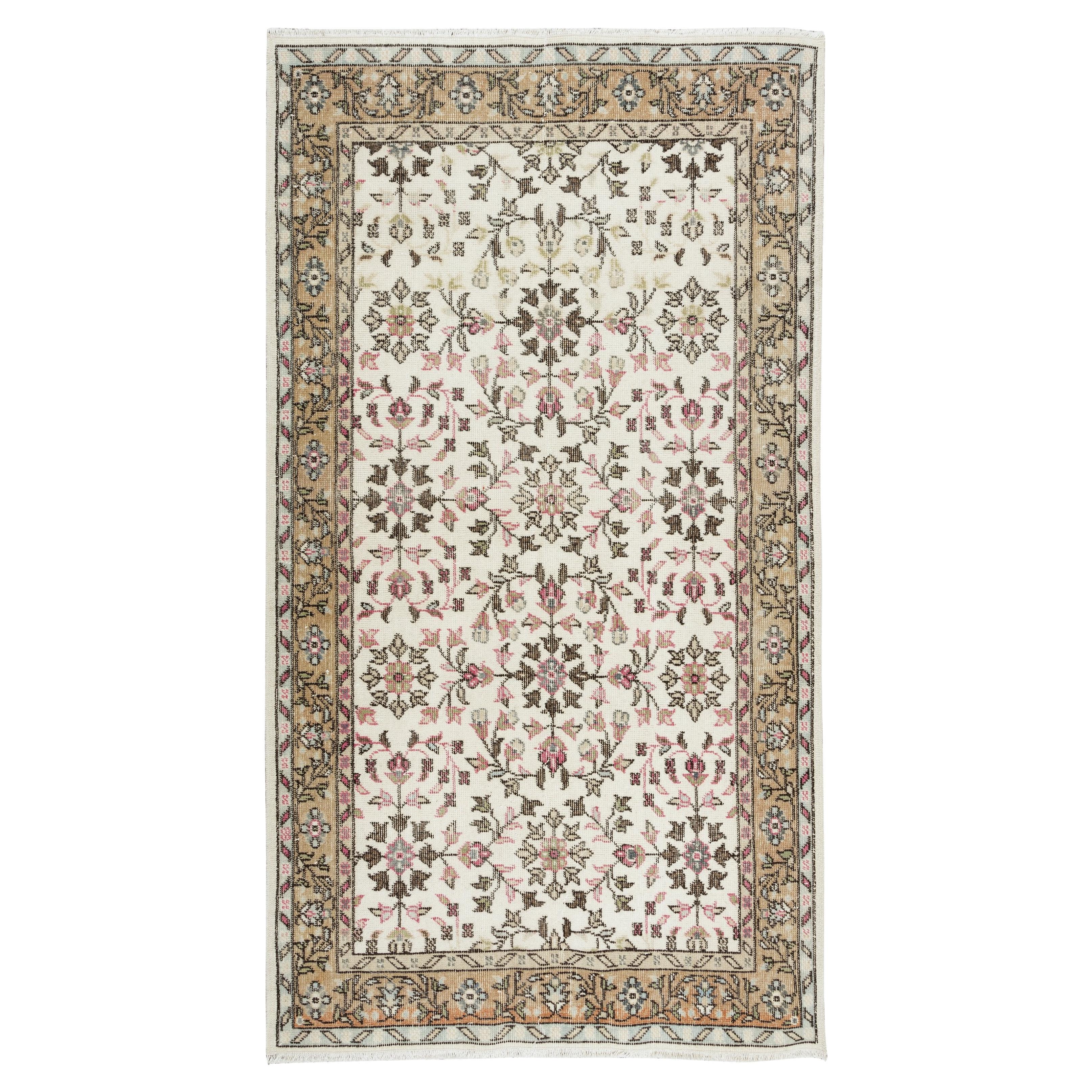 4x7.2 Ft Vintage Floral Turkish Accent Rug, Authentic Hand Knotted Wool Carpet For Sale