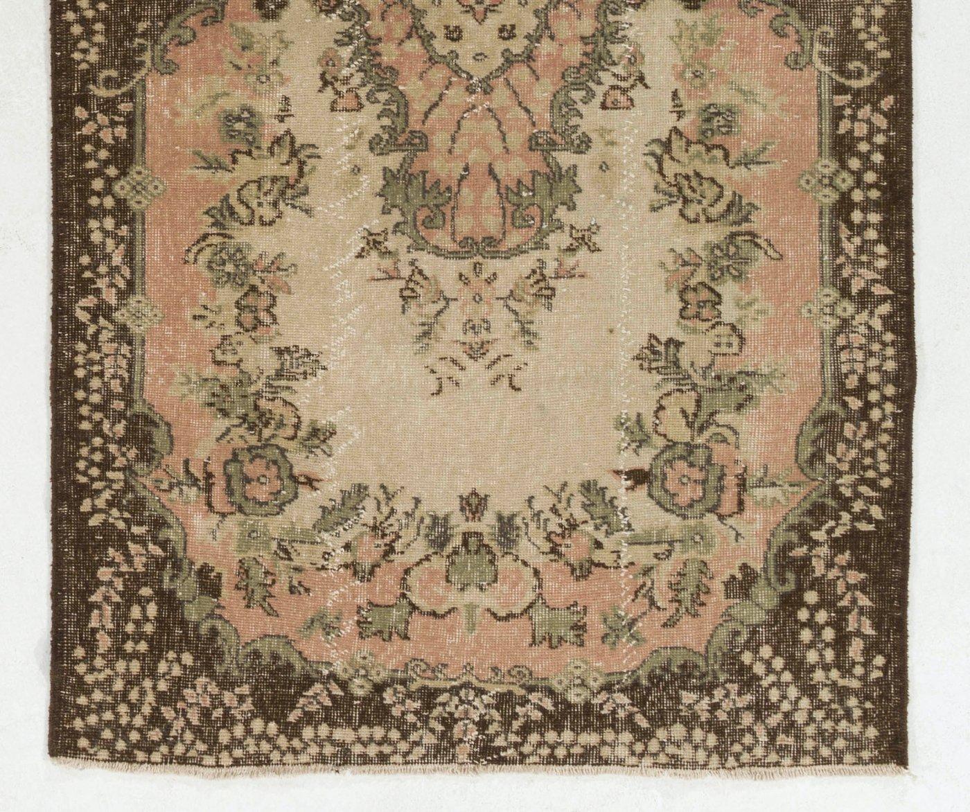 Oushak 4x7.2 Ft Vintage Hand-Knotted Turkish Rug in Beige, Green, Pink & Brown Colors For Sale