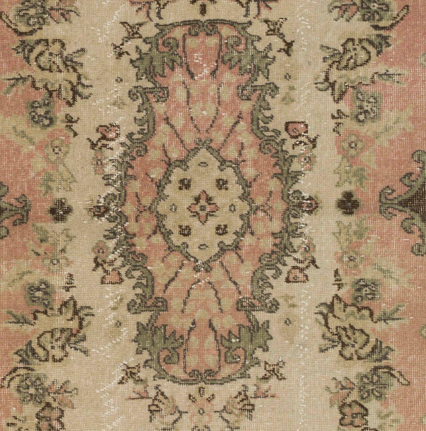 4x7.2 Ft Vintage Hand-Knotted Turkish Rug in Beige, Green, Pink & Brown Colors In Good Condition For Sale In Philadelphia, PA