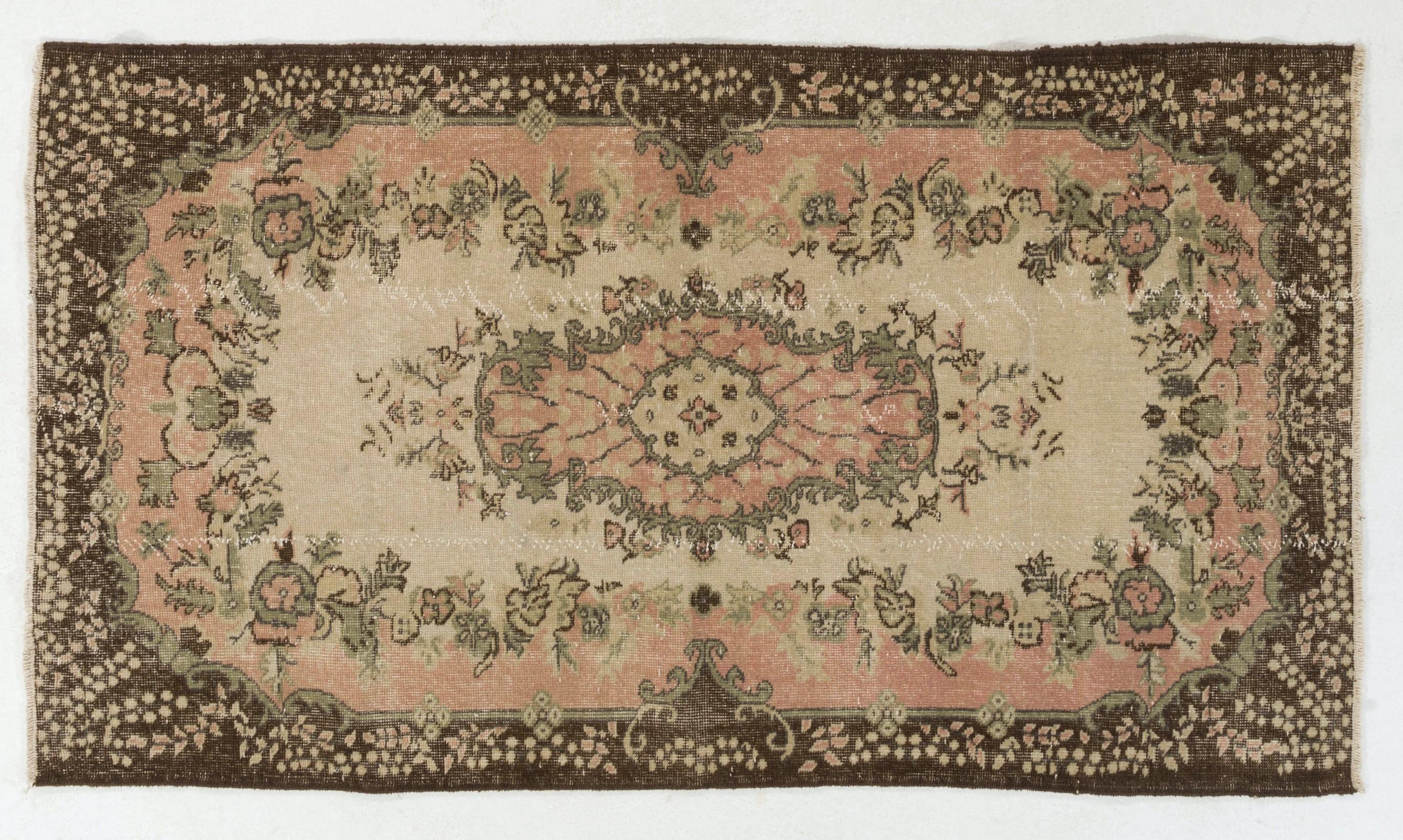 20th Century 4x7.2 Ft Vintage Hand-Knotted Turkish Rug in Beige, Green, Pink & Brown Colors For Sale