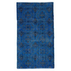 4x7.3 Ft Blue Color Re-Dyed Vintage Modern Carpet, Handknotted Floral Design Rug