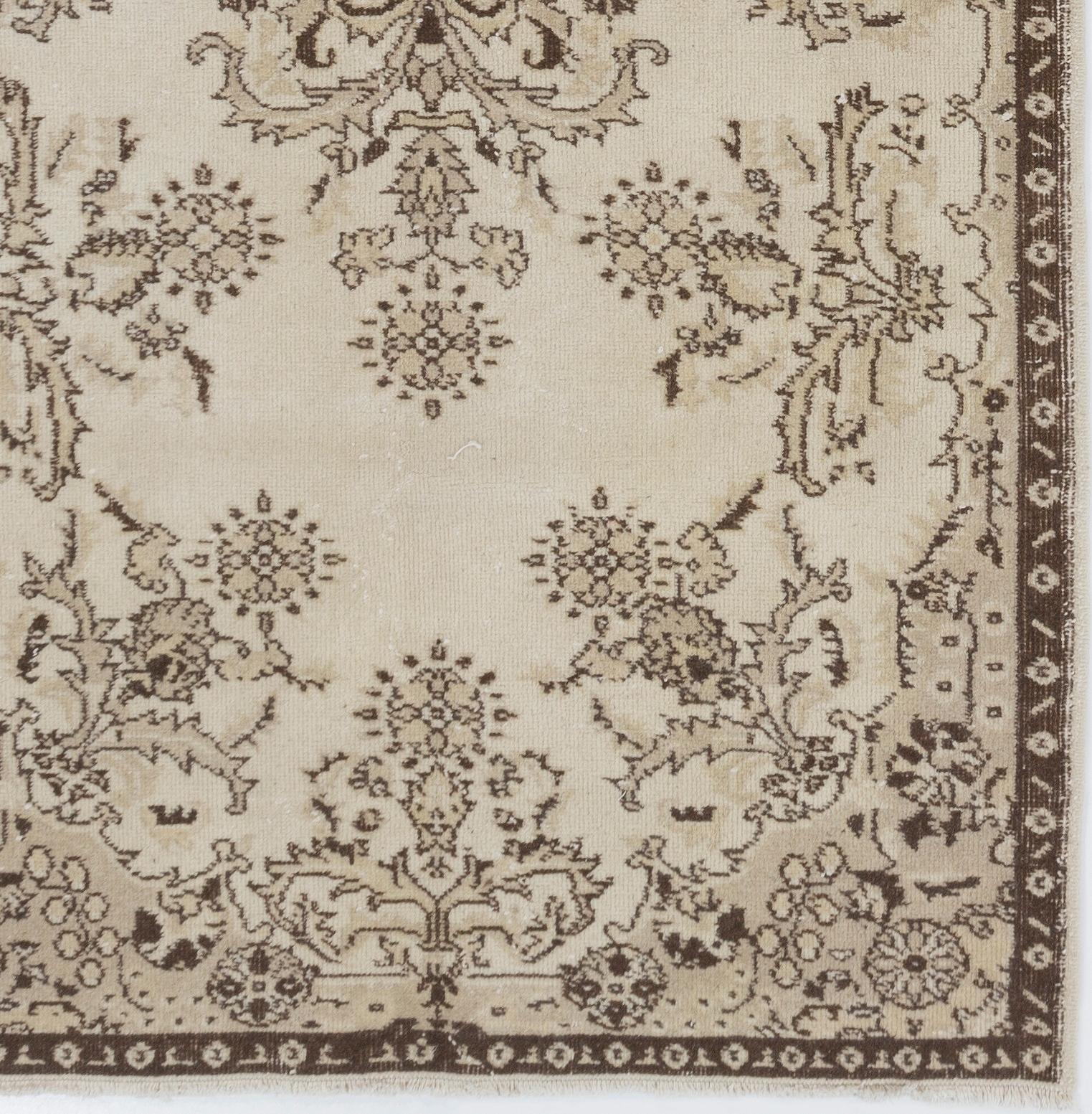 Turkish Handmade Floral Garden Design Faded Accent Rug, Vintage Neutral Carpet For Sale