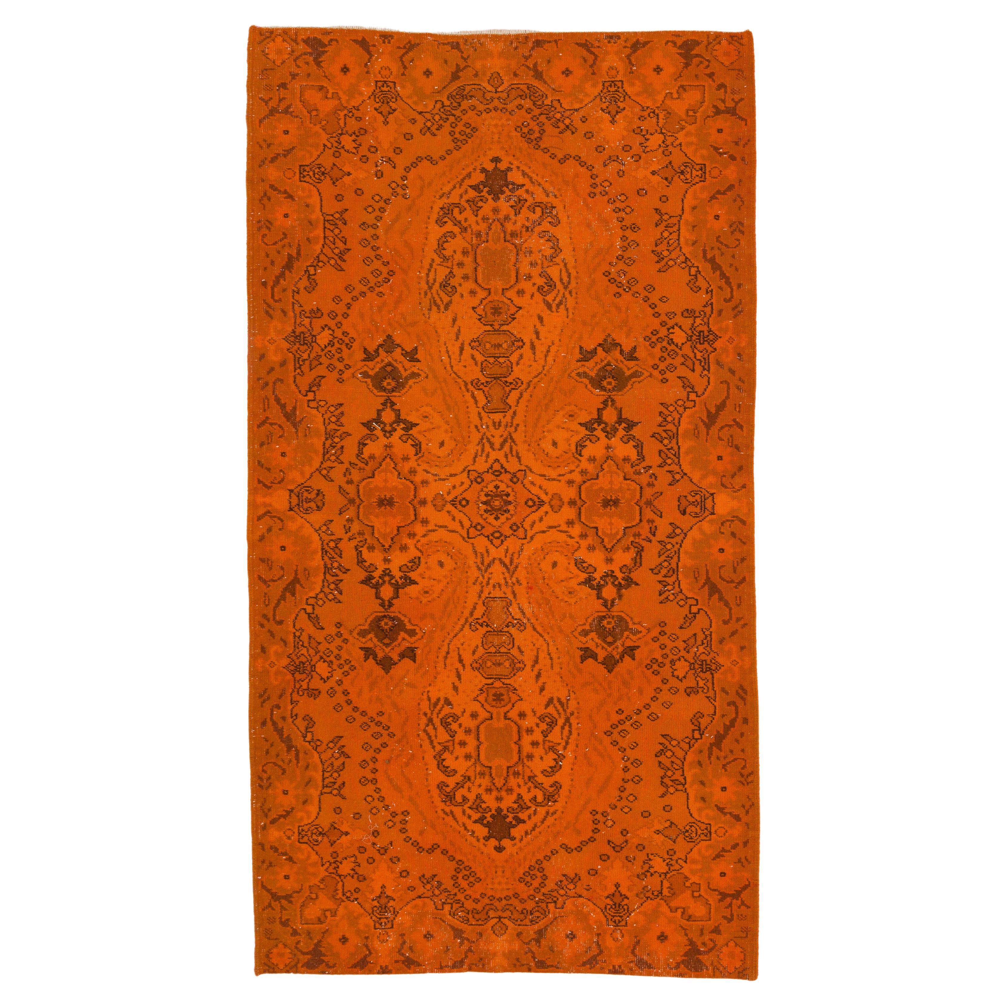 Tappeto vintage in lana fatto a mano 4x7 Ft tinto in arancione per interni moderni