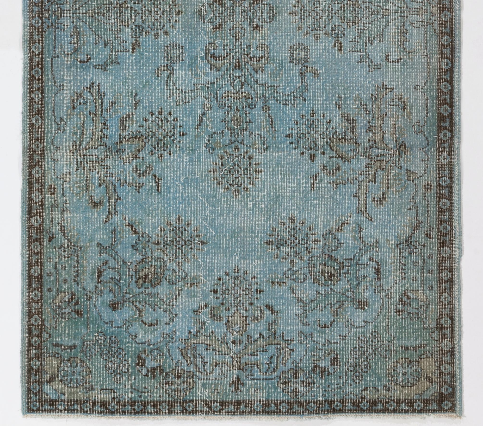 Modern 4x7.3 Ft Sky Blue Color Over-Dyed Vintage Rug, French Garden Design Carpet