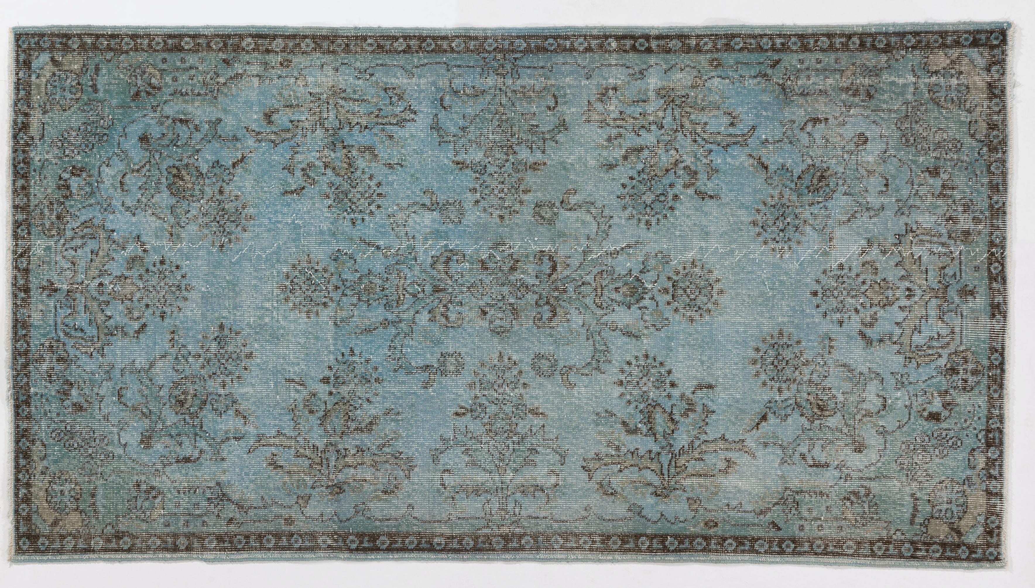 Hand-Woven 4x7.3 Ft Sky Blue Color Over-Dyed Vintage Rug, French Garden Design Carpet