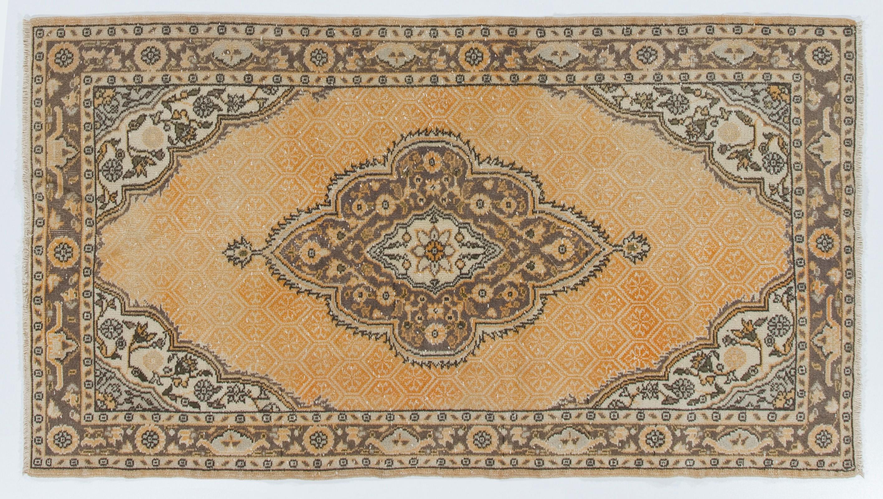 4x7.3 ft Home Decor Accent Rug, Handmade Vintage Anatolian Oushak Carpet In Good Condition For Sale In Philadelphia, PA