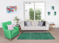 4x7.3 Ft Vintage Hand Knotted Turkish Rug Re-Dyed in Green 4 Modern Interiors