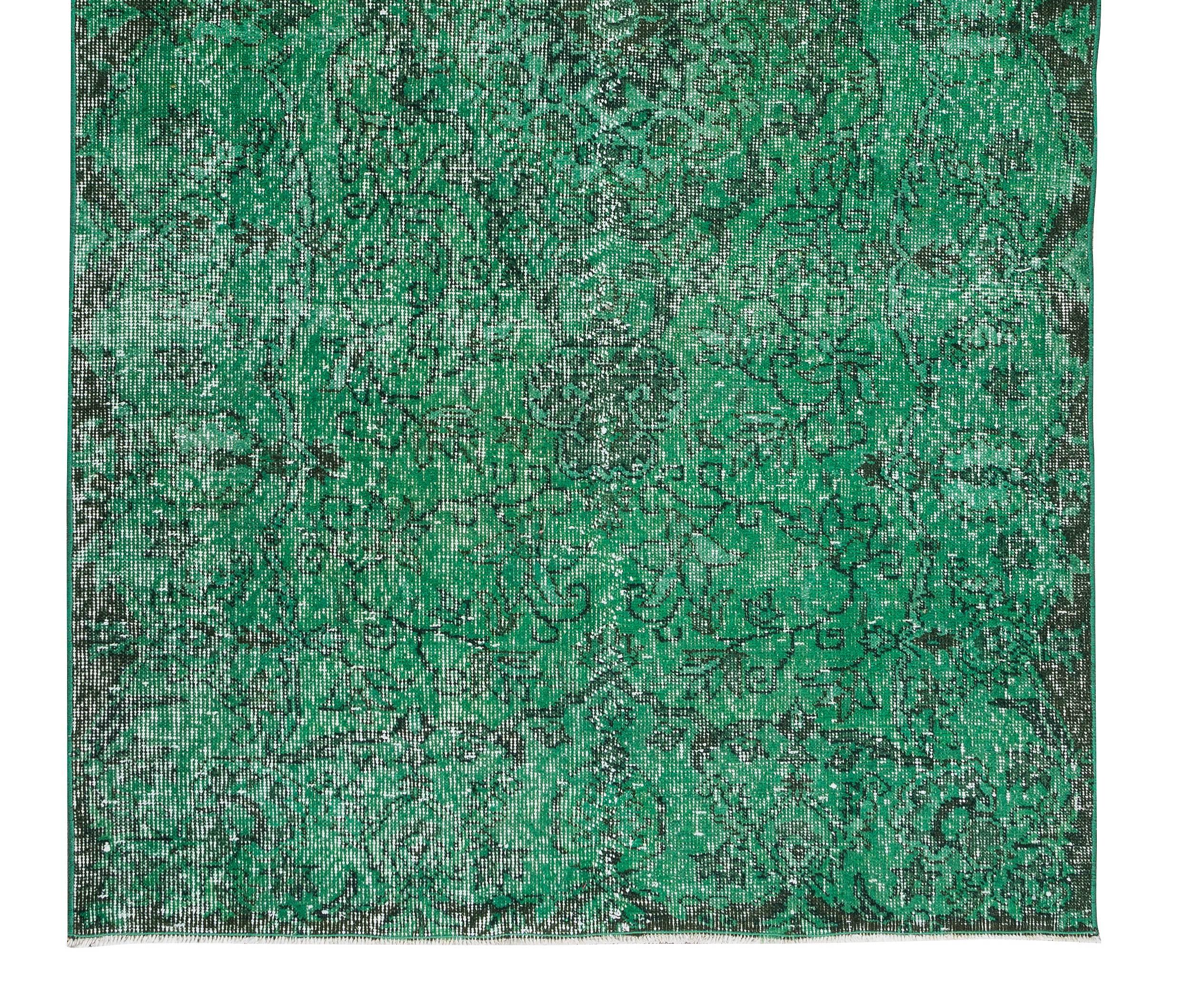 20th Century 4x7.3 Ft Vintage Hand Knotted Turkish Rug Re-Dyed in Green 4 Modern Interiors For Sale