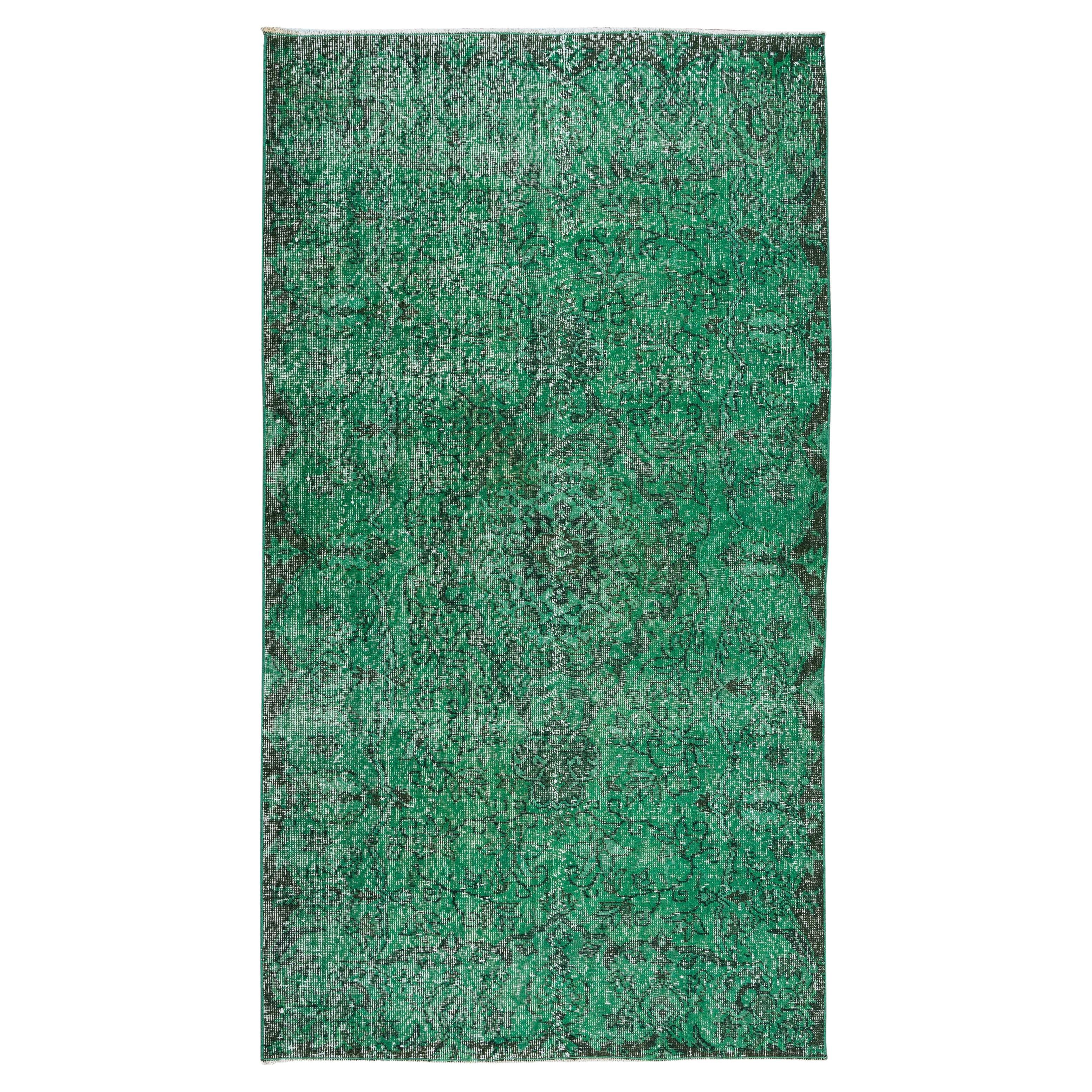 4x7.3 Ft Vintage Hand Knotted Turkish Rug Re-Dyed in Green 4 Modern Interiors