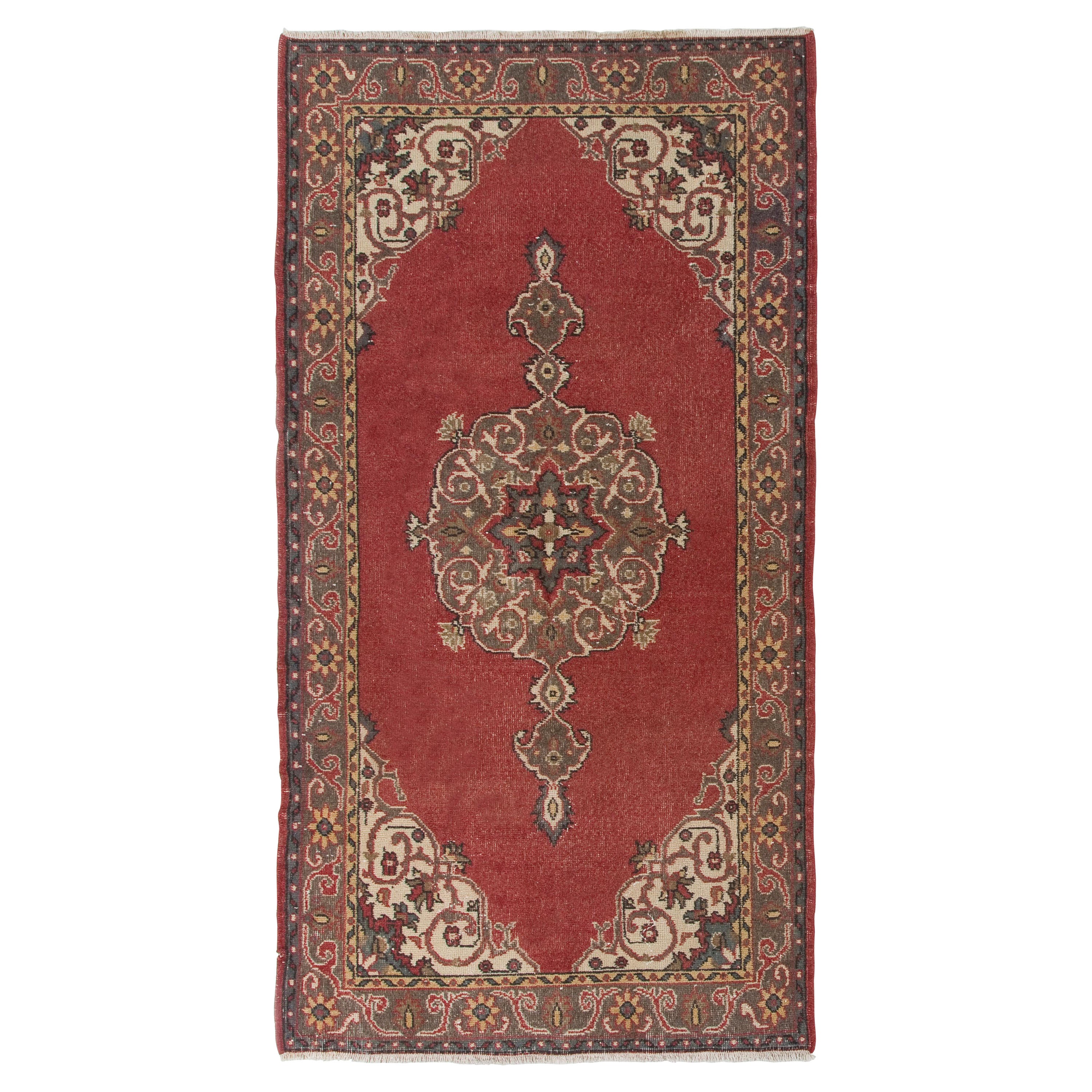 Tappeto turco d'epoca 4x7.3 Ft, Tappeto tradizionale in lana fatto a mano in rosso