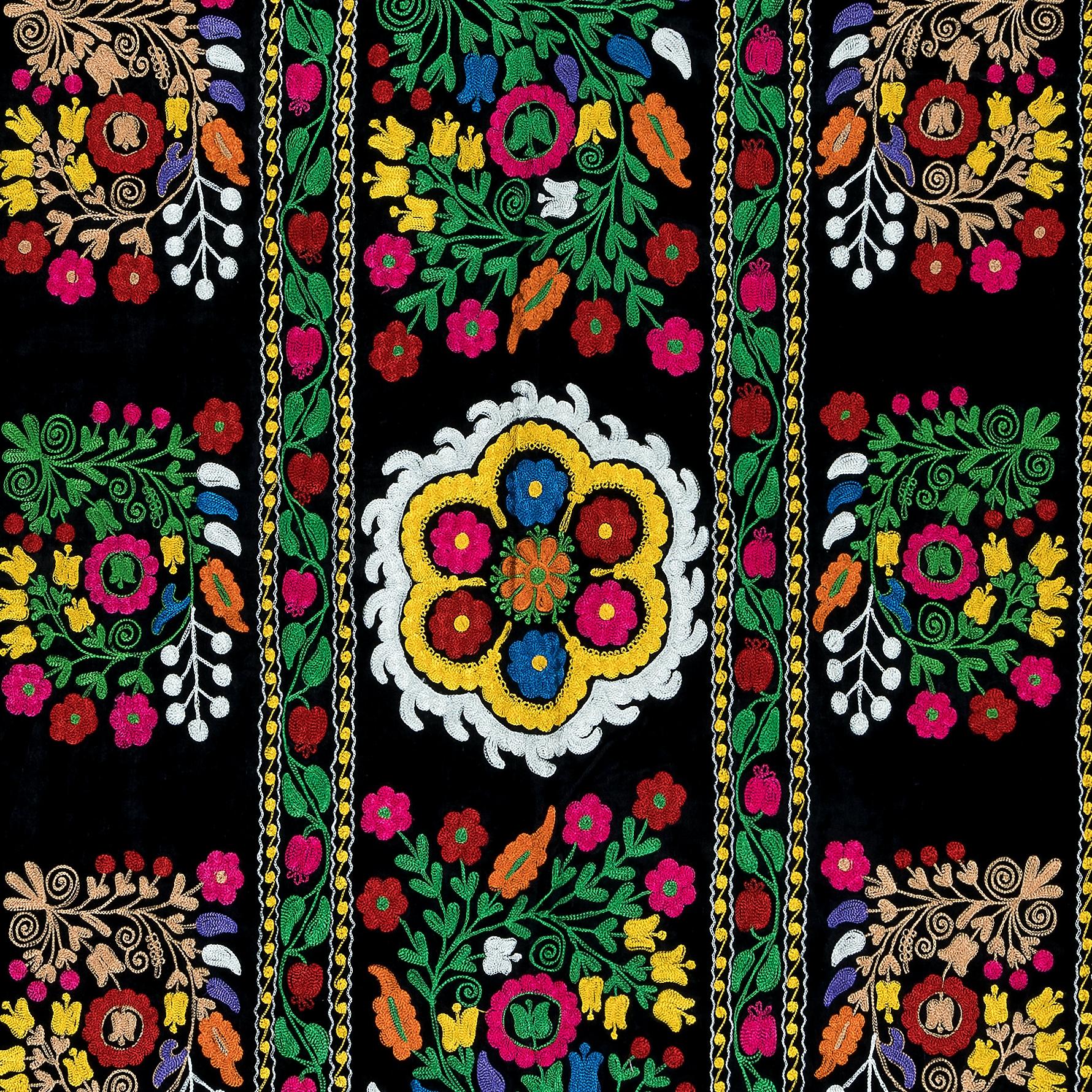 Uzbek 4x7.4 Ft Silk Embroidery Table Cover, Colorful Wall Hanging, Vintage Bedspread For Sale
