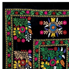 4x7.4 Ft Silk Embroidery Tapestry, Black Wall Hanging, Vintage Uzbek Bedspread
