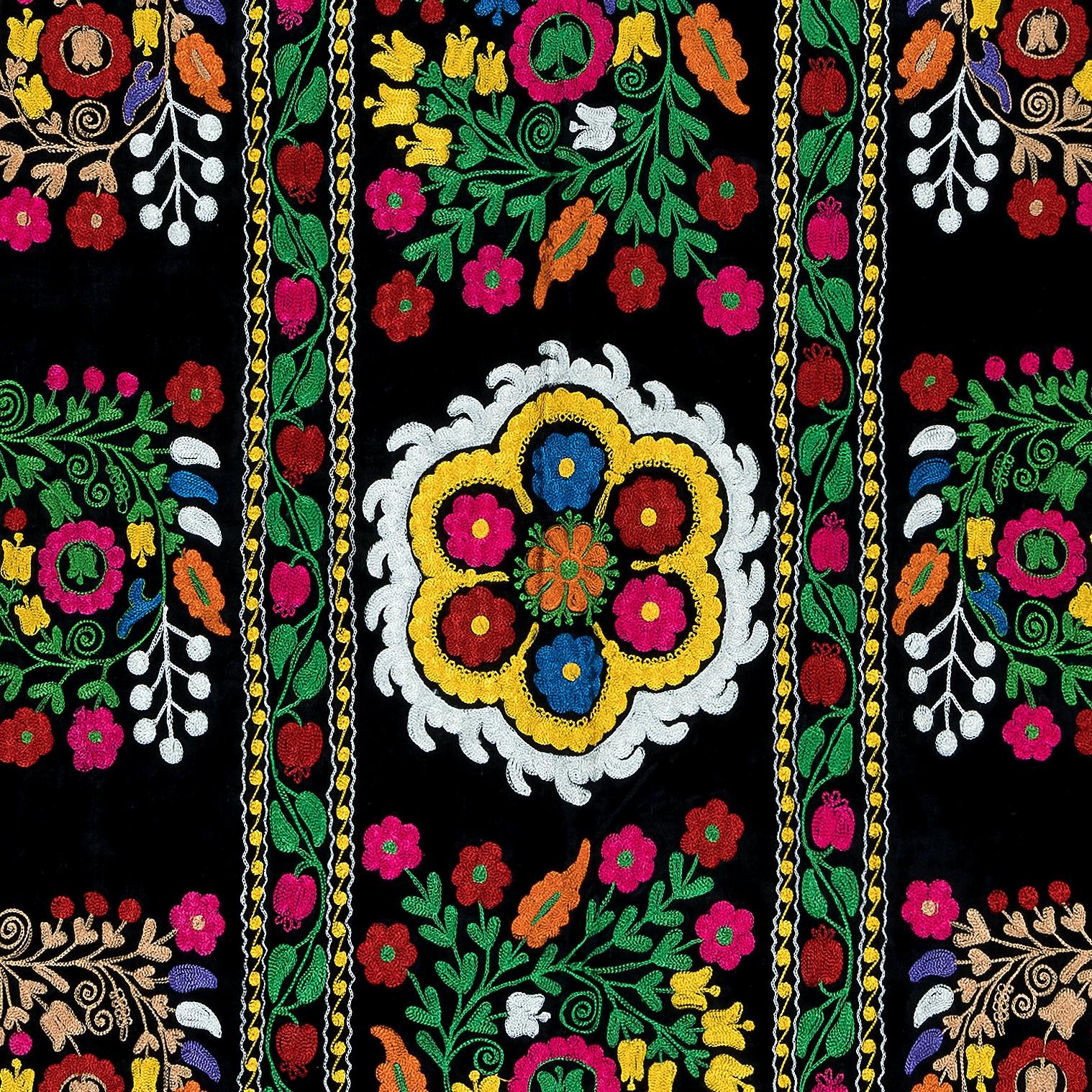 Suzani 4x7.4 Ft Silk Embroidery Tapestry, Black Wall Hanging, Vintage Uzbek Bedspread For Sale